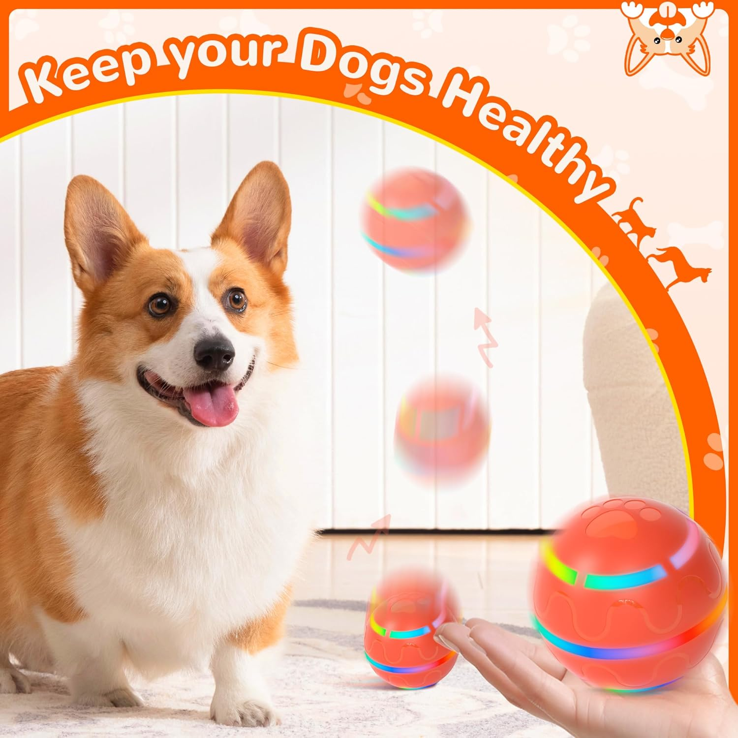LOVELEDI Interactive Dog Toys - Tough Dog Ball Chew Toy, Automatic Motion Activated Interactive Pet Toys for Small/Medium/Large Dogs for Indoor/Outdoor Boredom Enrichment, USB Rechargeable, Orange image number 5