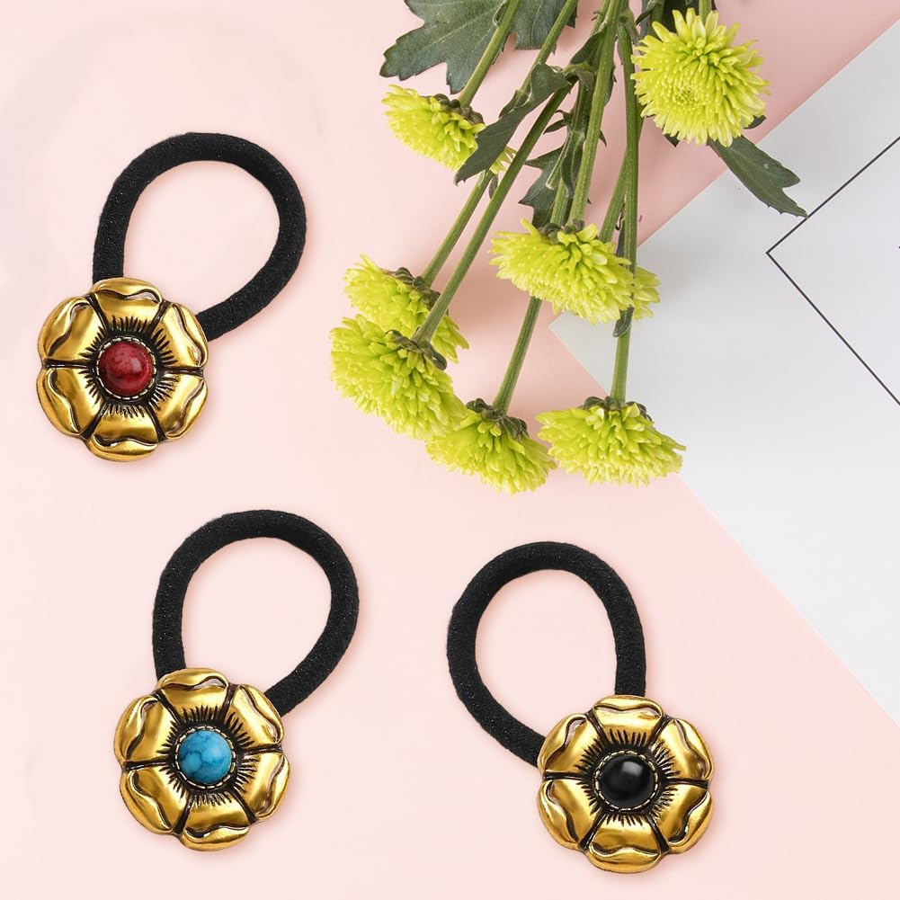 CABODYALS Pack of 6 3 Colours Western Style Metal Ponytail Holder Vintage Boho Turquoise Decorative Hair Bobbles Bracelet Cowgirl Elastic Hair Bands Rope for Women Party Outfit Dress Accessories image number 5