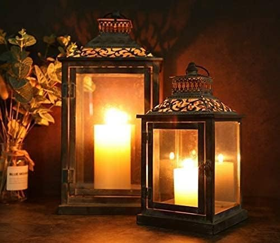 JHY Design Set of 2 Black with Grey Brush Decorative Lanterns, Metal Candle Lanterns for Indoor Outdoor, Events, Paritie and Weddings Vintage Style Hanging Lantern image number 6