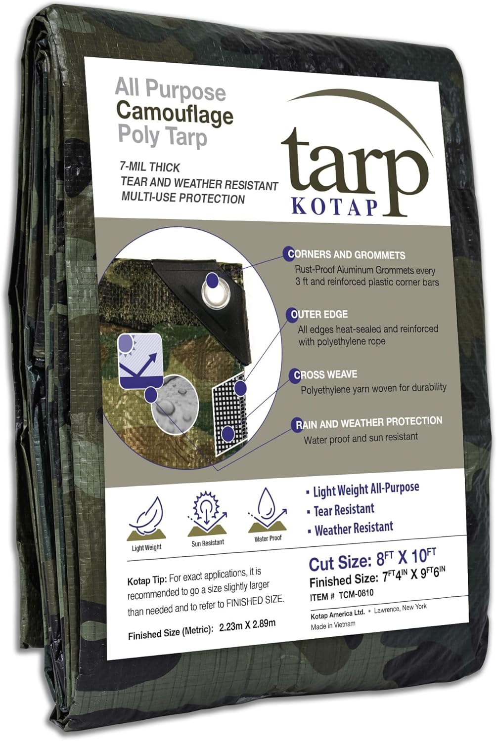 Kotap TCM-2030 Camouflage, Waterproof All-Purpose Multi-Use 7-Mil Poly Tarp, 20 X 30 Ft - Cut Size: 8 X 10'/Finished Size: 7' 4" X 9' 6"