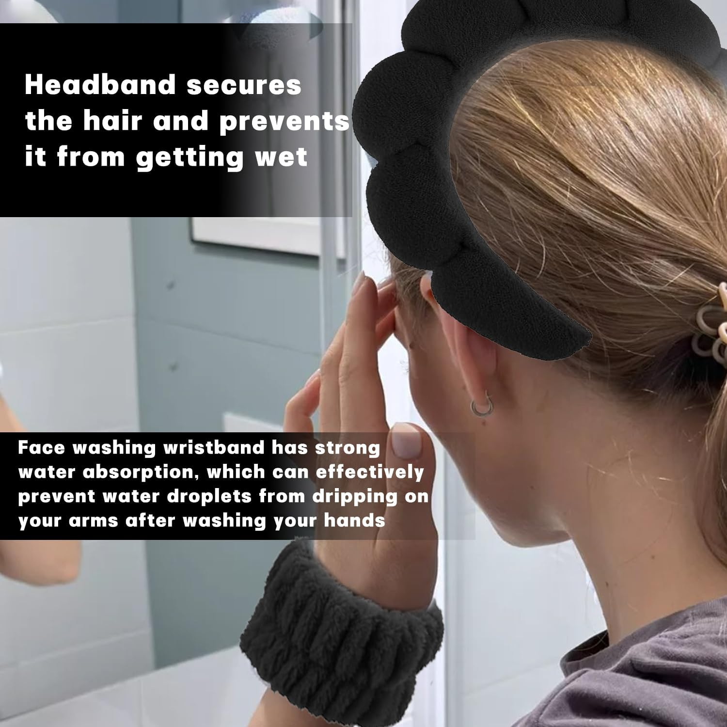 Skin Care Headband Bracelets for Face Wash Set Soft Sponge Makeup Spa Headband Hair Band Face Wash Headband Wash Face Bracelet Non-Slip Headband for Women and Girls (Black) image number 2