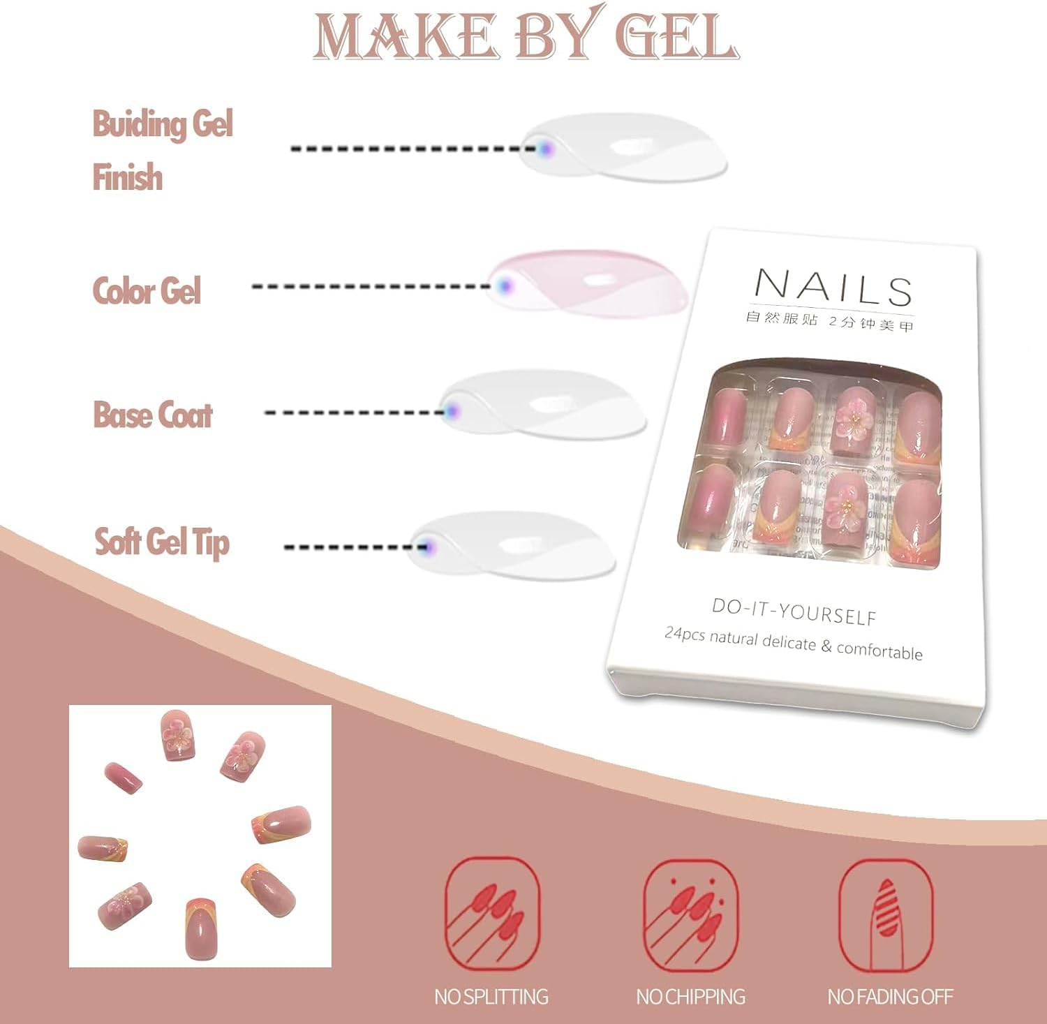 LYMCY Press on Nails French,3D Striped Ice Flower and Gold Bean Fake Nails, Artificial Nails for Women and Girls -24 Pcs image number 2