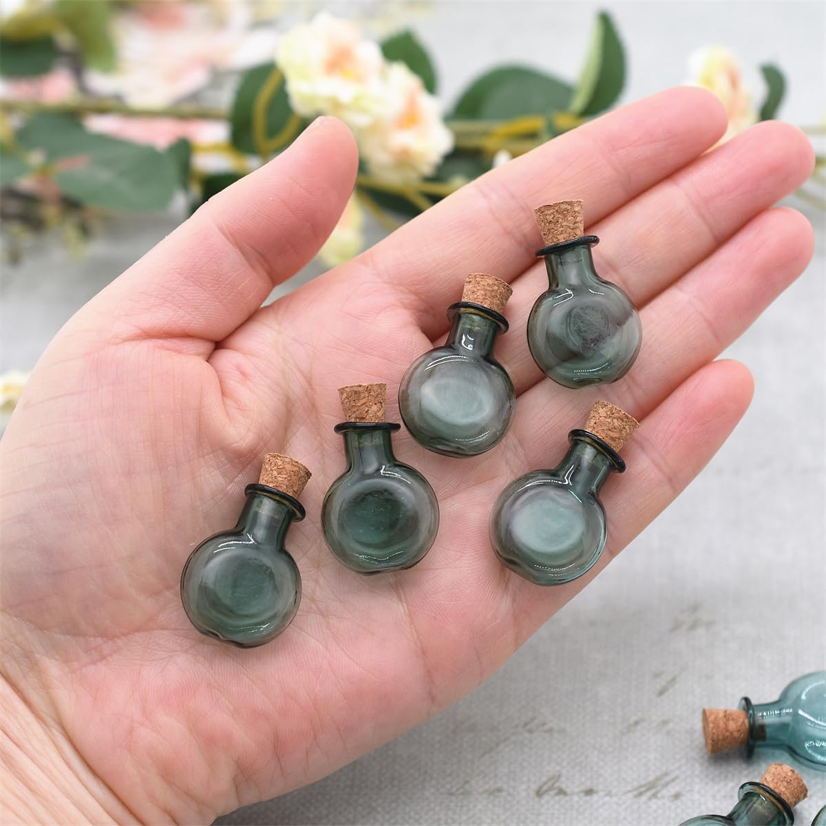 10 Pieces Vibrant Colored Tiny Flat Oval Spell Jars &ndash; Glass Mini Potion Wishing Bottles with Cork Stoppers for Wedding, Party, and DIY Crafts Supplies (Blackish Green) - Brown image number 4