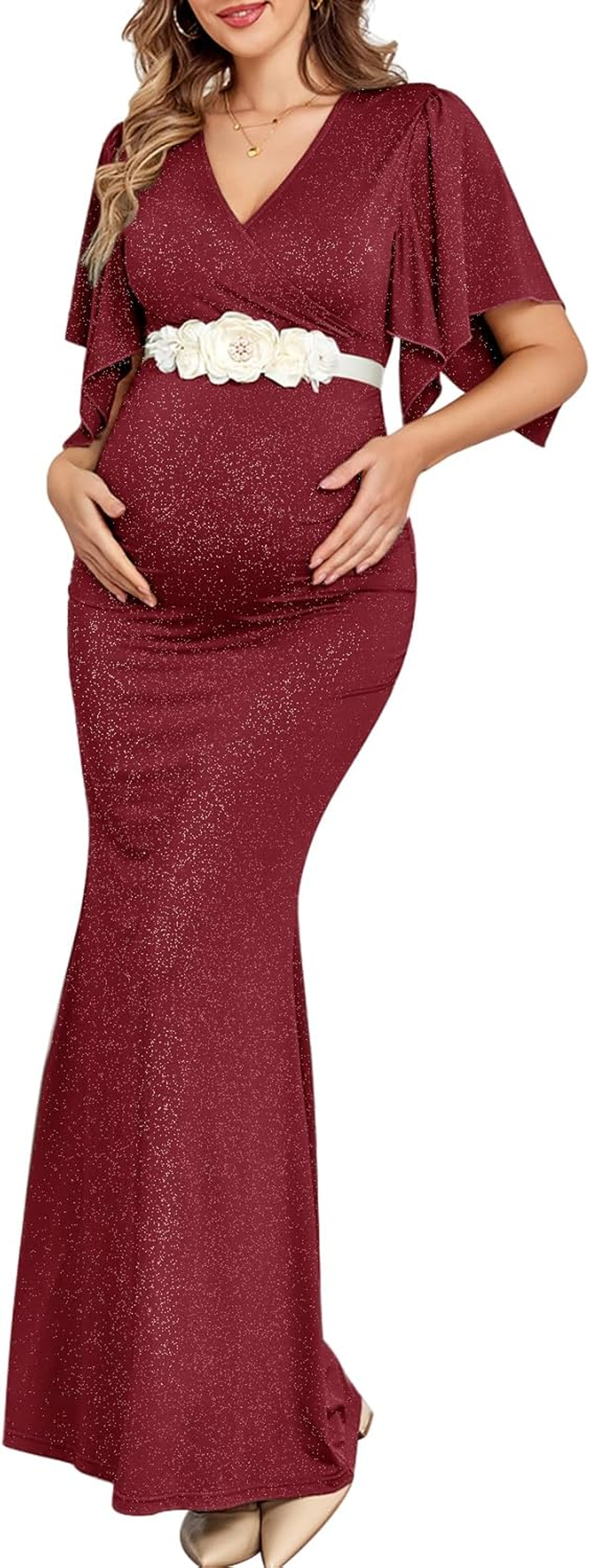 Maxi Maternity Dress with Flower Sash Semi Formal Baby Shower Wedding Guest V-Neck Handkerchief Sleeves Elegant, Sparkly Burgundy, without Flower Sash, Medium image number 4