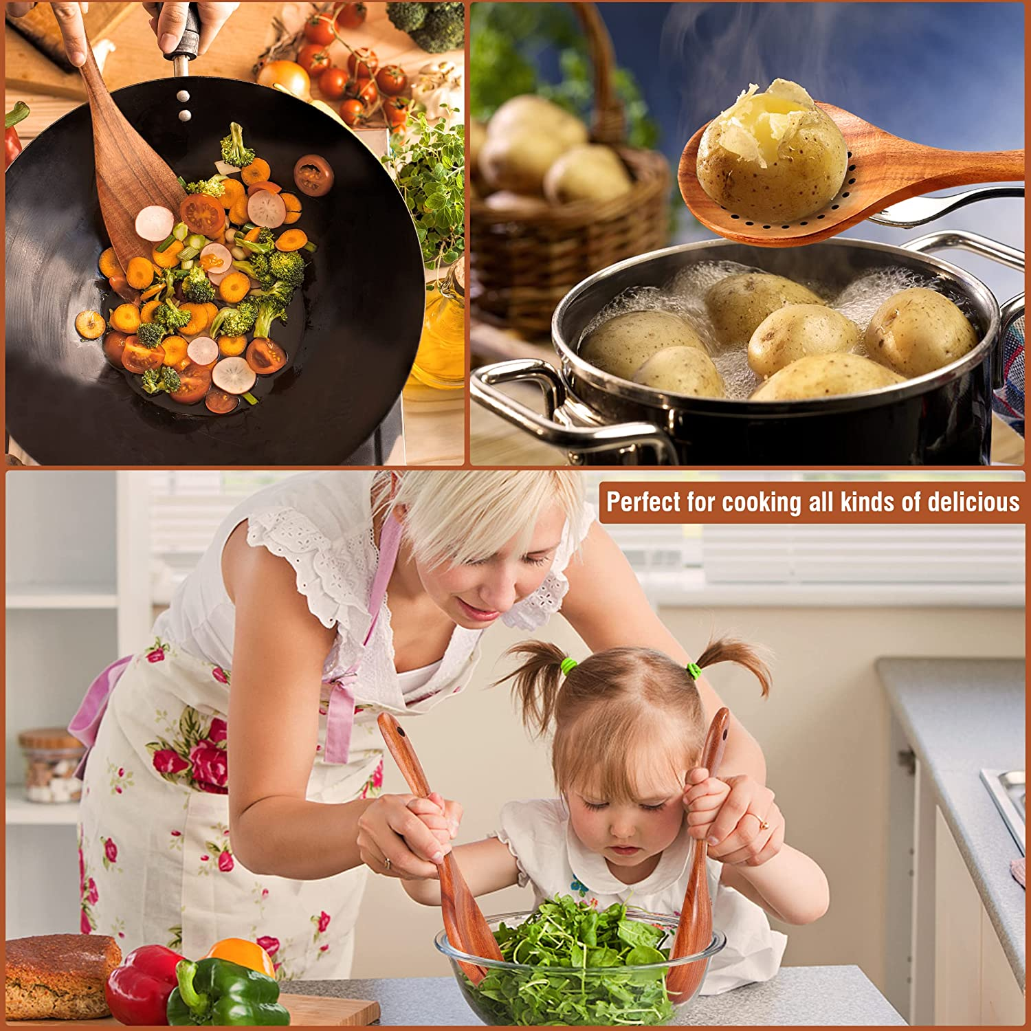 Mooues 9 Piece Natural Teak Wooden Kitchen Utensil Set with Spoon Rest - Comfort Grip Cooking Spoons and Utensils Holder image number 5