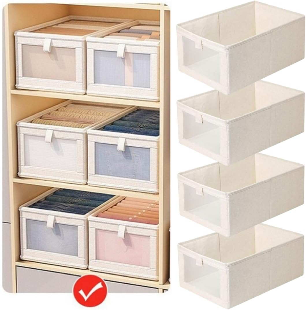 6 Pcs Linen Closet Organizers and Storage Clothing Bins Large Foldable Box with Window Storage Baskets for Closet Shelf Clothes Jeans Toys Organization, Cube Storage Boxes for Organizing (6)