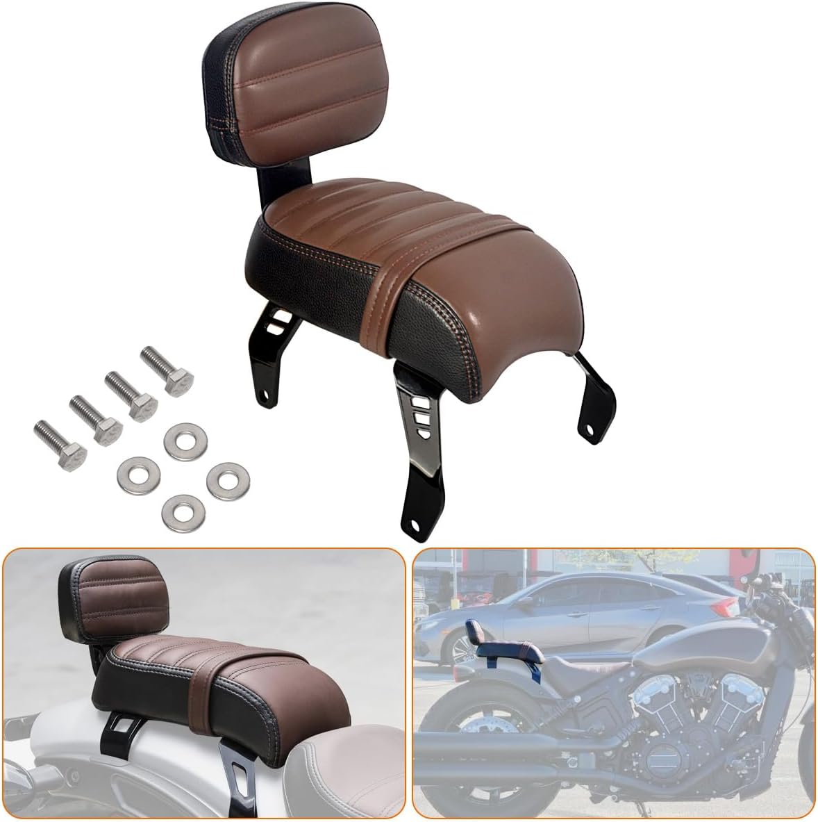 FOVPLUE Passenger Seat W/Backrest for Indian Scout Rogue/Rogue Sixty 2022-2024, Bobber Twenty/Sixty 2020-2024, ABS 2020-2024, 2018-2024, Brown image number 2