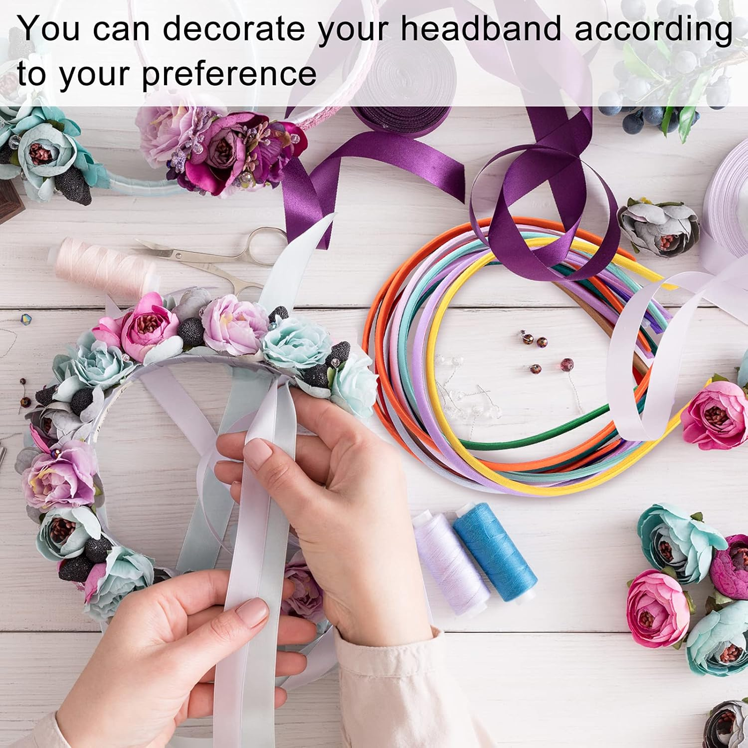 Duufin 60-Piece Satin Headbands for Girls: 30 Colors, 60 Pieces, DIY Headband, 1Cm Satin Covered Plain Headband image number 3