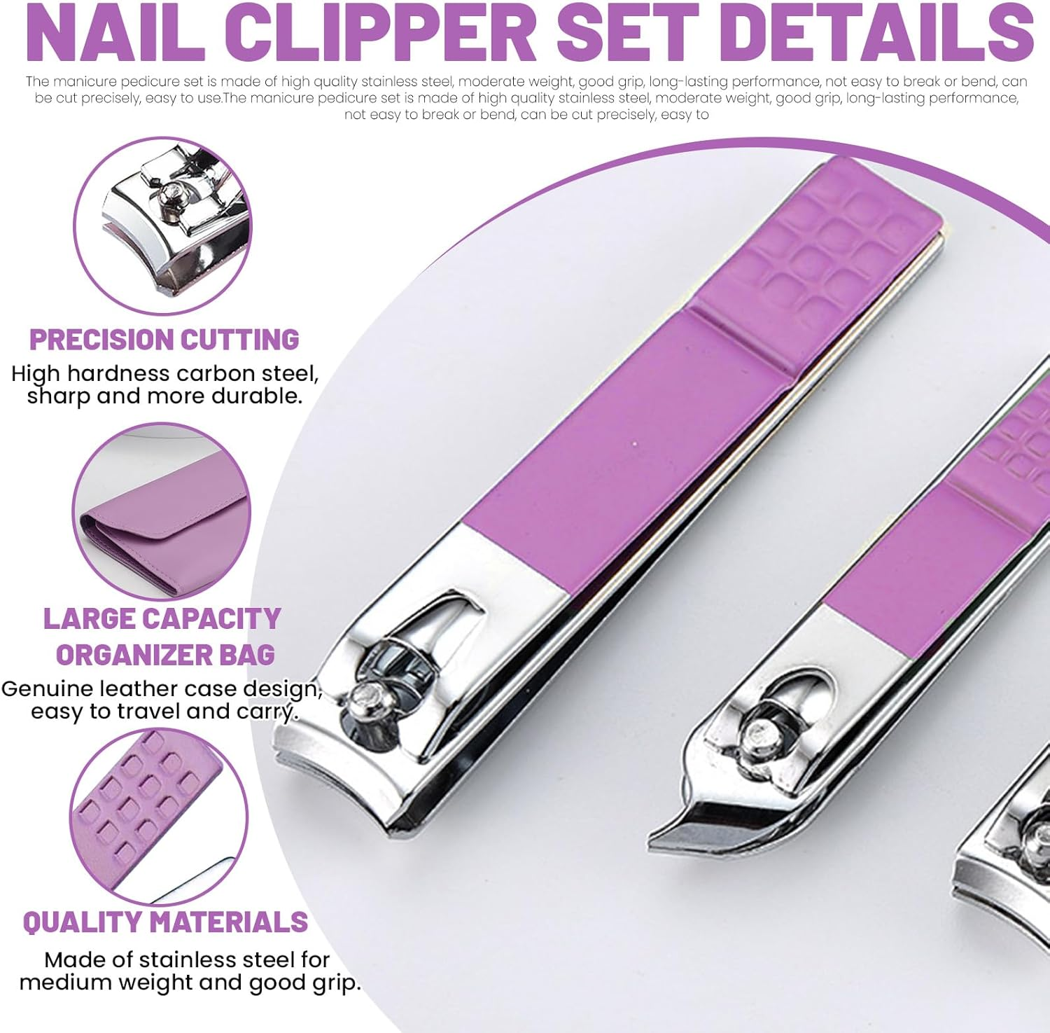 Realand Manicure Set 2 Set 16+4 Pieces Nail Care Set Pedicure Set Professional Nail Clippers Manicure Pedicure Set Travel Manicure Tools Grooming Kit (Purple) - Purple image number 4