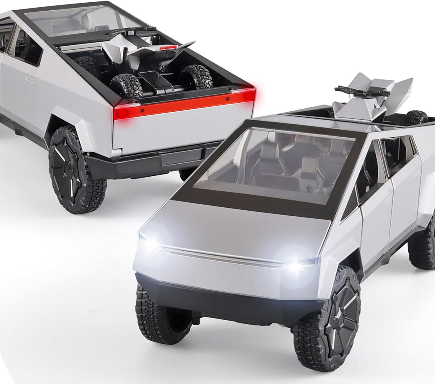 Boy Toy Pickup Truck 1/24Cybertruck Die-Cast Metal Model Car, with Sound and Light Pull Back, Suitable for Children Aged 3 and above as Birthday Gifts (Silver, Equipped with Beach Motorcycle)