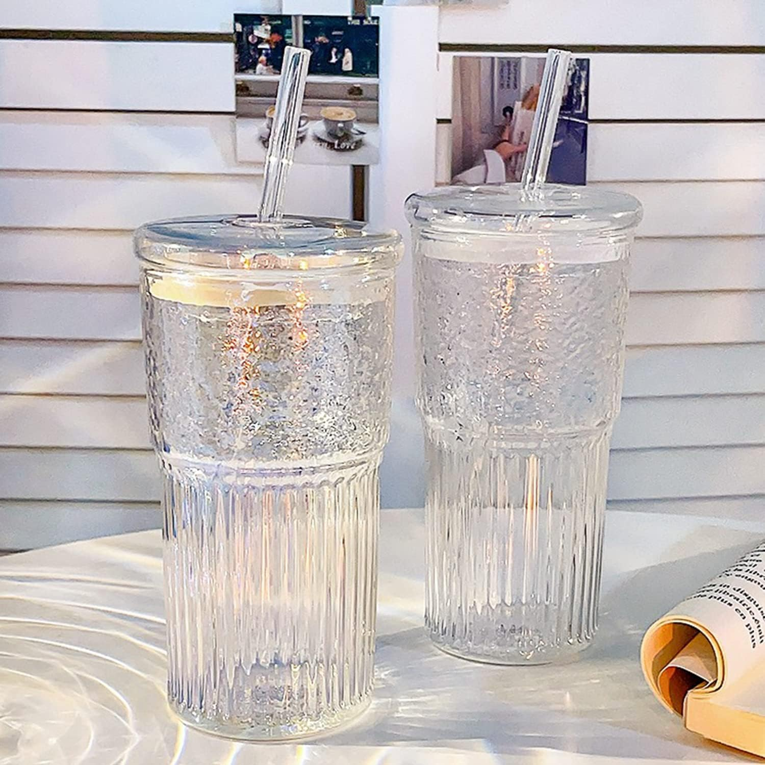 2 Packs 20 Oz Glass Cups with Lids and Straws, Glass Coffee Tumbler, Tumbler Water Glass, Water Bottle, Thick Wall Glass Coffee Mug Iced Tea Cup (Clear (2Pcs 20Oz))