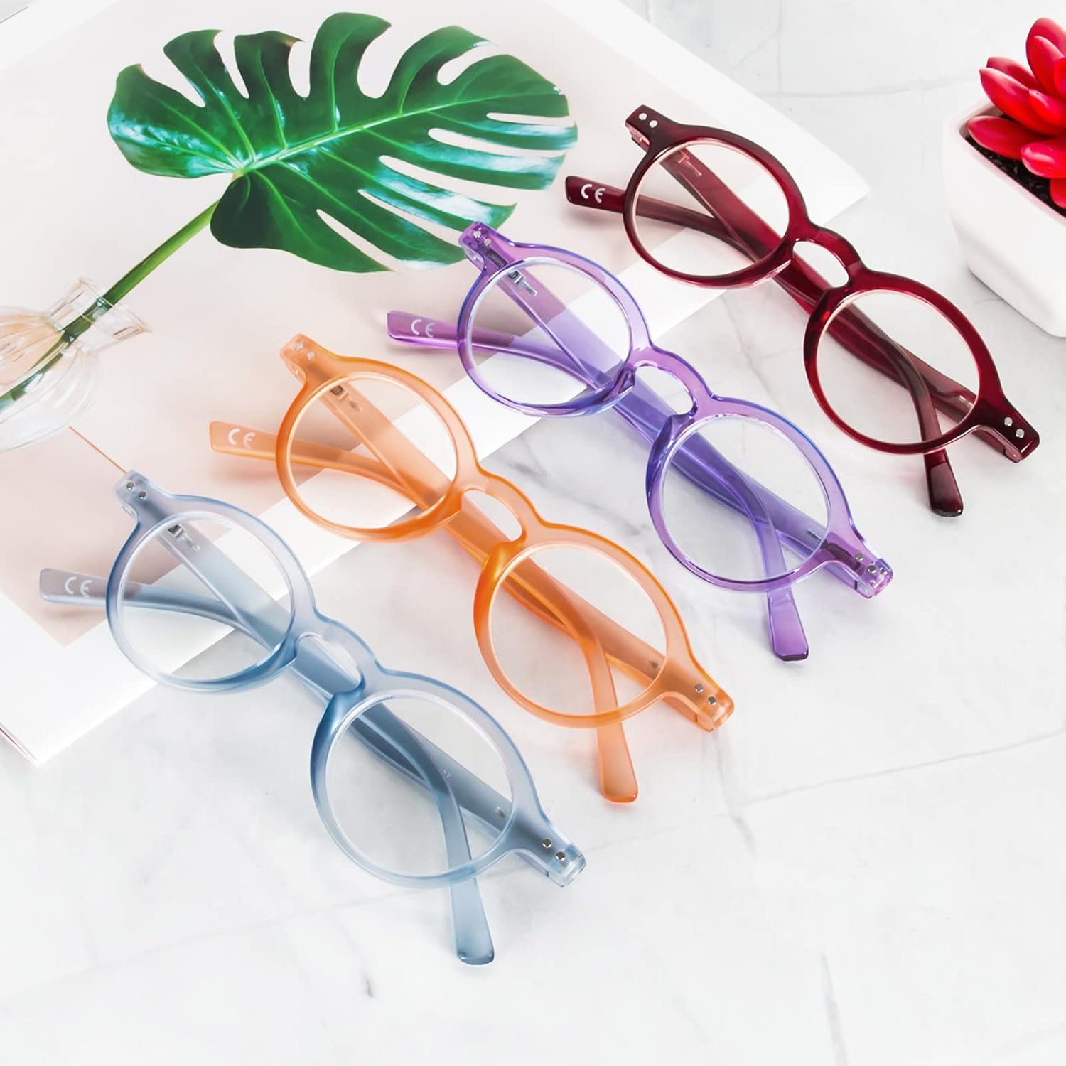 Kokobin 4-Pack Small round Reading Glasses Comfortable Readers Colored Stylish Frame for Women - 3.0 X, Greenbrowleopardtransparent image number 7