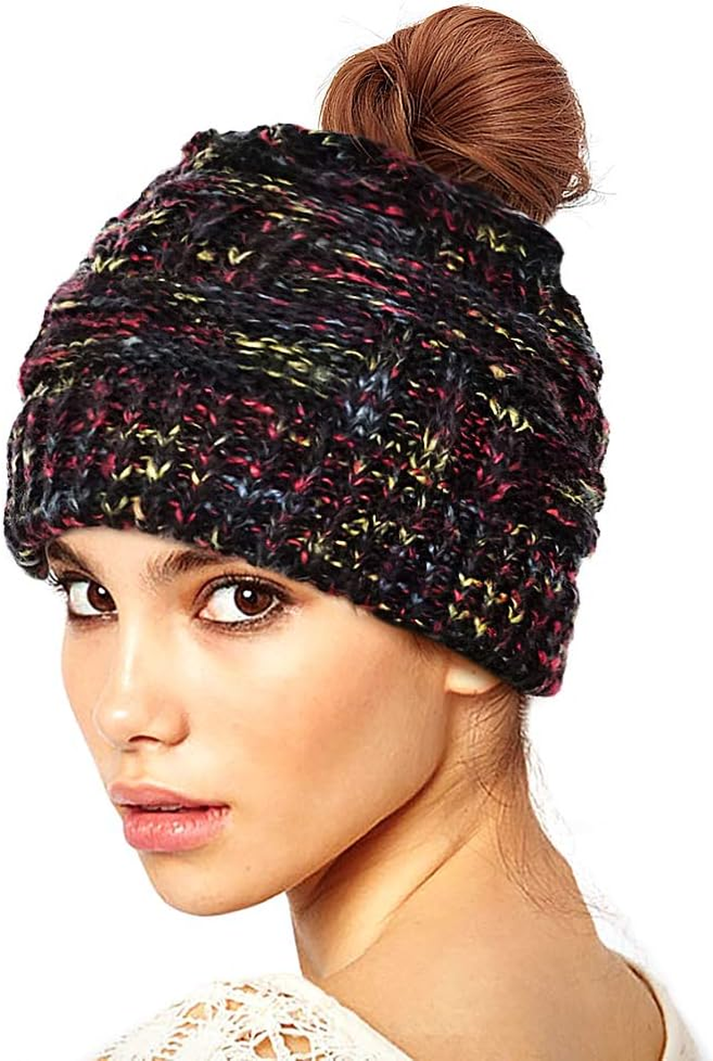 Taidor Messy Bun Ponytail Beanie Hat Colored Dots Cable Knit Cap for Women Girls Winter