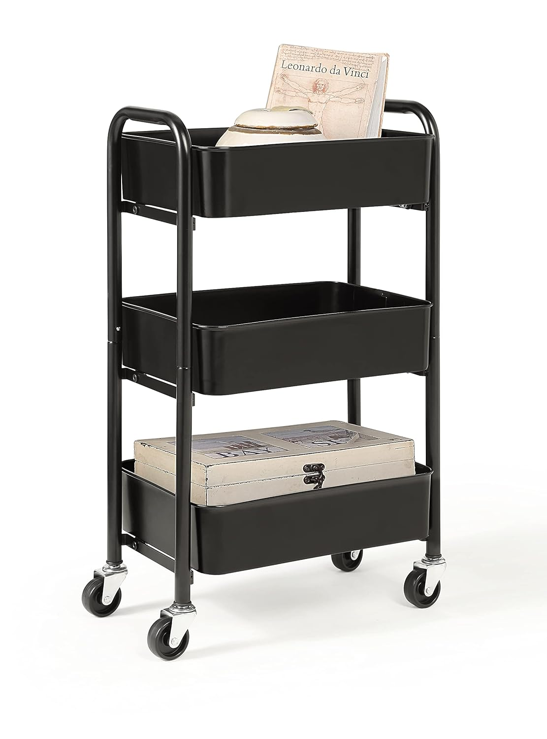 Sunnypoint 3-Tier Delicate Compact Rolling Metal Storage Organizer - Mobile Utility Cart Kitchen/Under Desk Cart with Caster Wheels (BLK, Compact (15.5" X 26.8" X 10.27"))