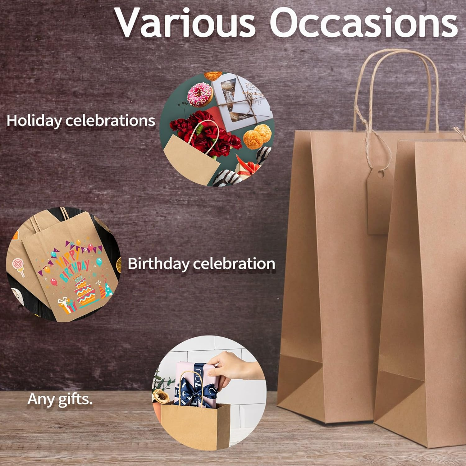 Ekvinor Kraft Paper Gift Bags with Handles - 21X11X27Cm 25Pcs Brown Shopping Bags for Parties, Favors, Businesses (Brown, 21X11X27Cm) image number 5
