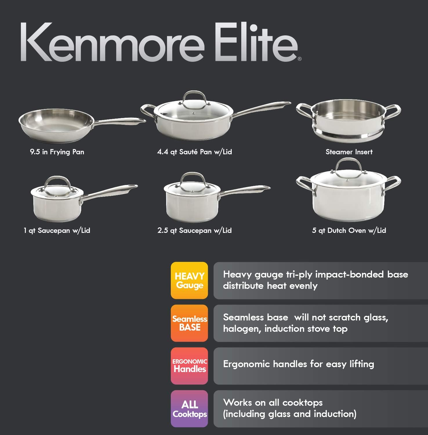 Gibson 126379.10 the Kenmore Devon Stainless Steel Cookware Set, 10-Piece image number 2