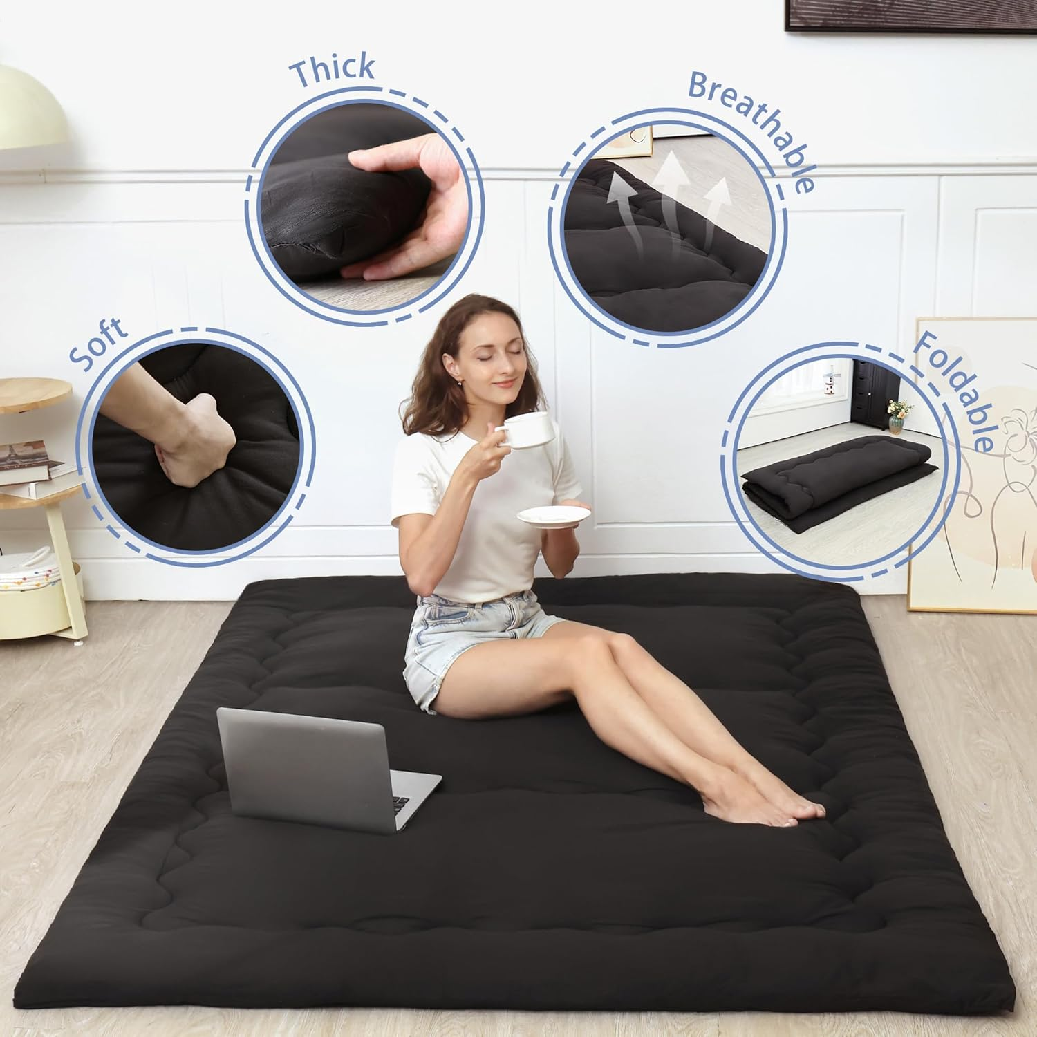 Japanese Floor Mattress, Futon Mattress with Portable Storage Bag, Roll up Thick Tatami Mattress - Black-Twin image number 3
