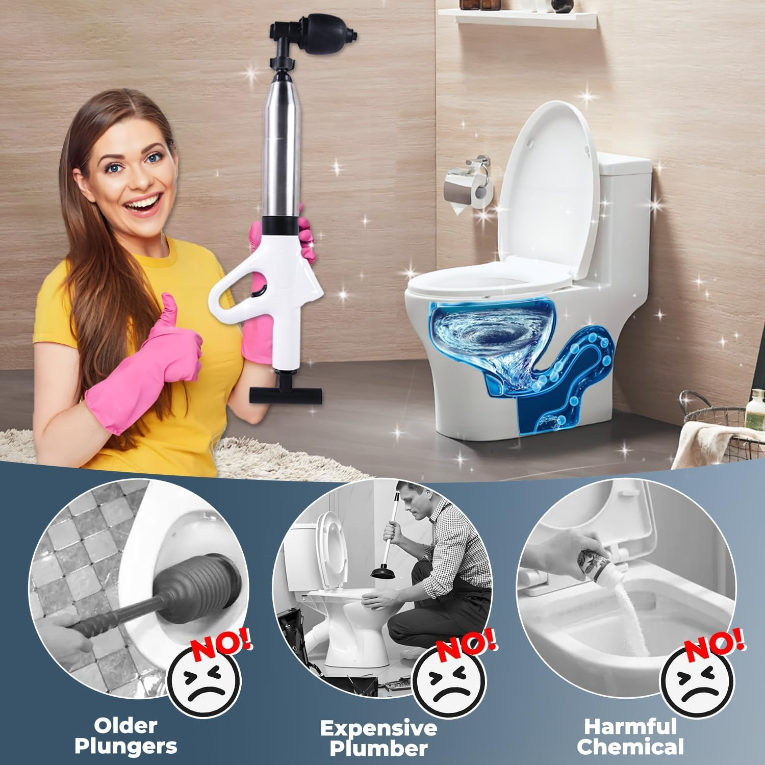 Toilet Plunger, Drain Clog Remover, High-Pressure Air Drain Blaster with Real-Time Barometer Powerful Drain Snake Sink Plunger Plumbing Tools, Plungers for Bathroom, Sink, Floor, Kitchen Clogged image number 5