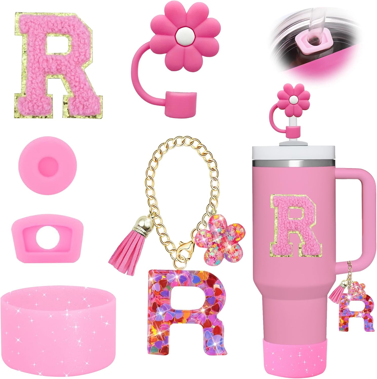 6PCS Cup Accessories Set for Stanley Cup 30Oz 40Oz Tumbler with Handle, Including Silicone Straw Topper Cover Cap and Boot, Spill Proof Stopper, Handle Charm, Initials Sticker(Pink) (Pink R) image number 1