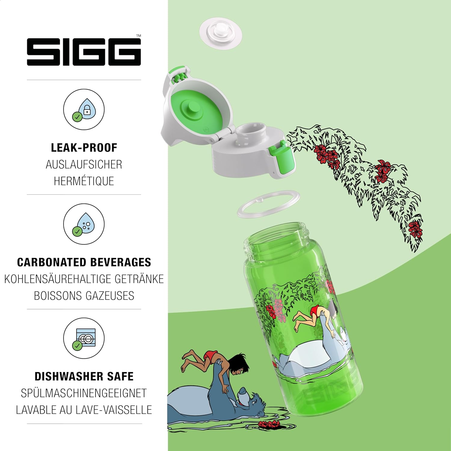 Sigg - Sports Water Bottle for Kids - Viva One Junglebook (Disney) - Suitable for Carbonated Drinks - Leak-Proof - Dishwasher Safe - BPA Free - for School & Sports - Green - 0.5L - 29 Olaf Ii image number 3