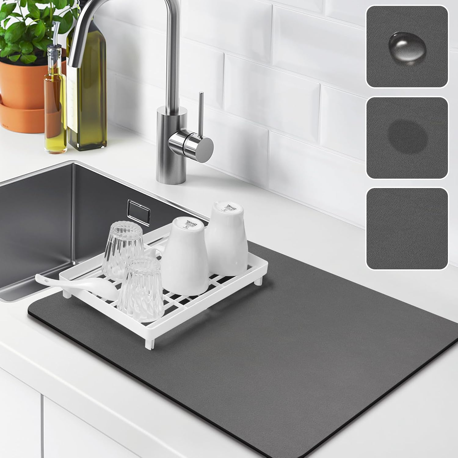 Dish Drying Mat for Kitchen Counter, Rubber Backing Draining Mat ,Hide Stain anti Absorbent for Kitchen Counter, ,Easy to Clean Kitchen Accessories (Dark Grey, 40X60)