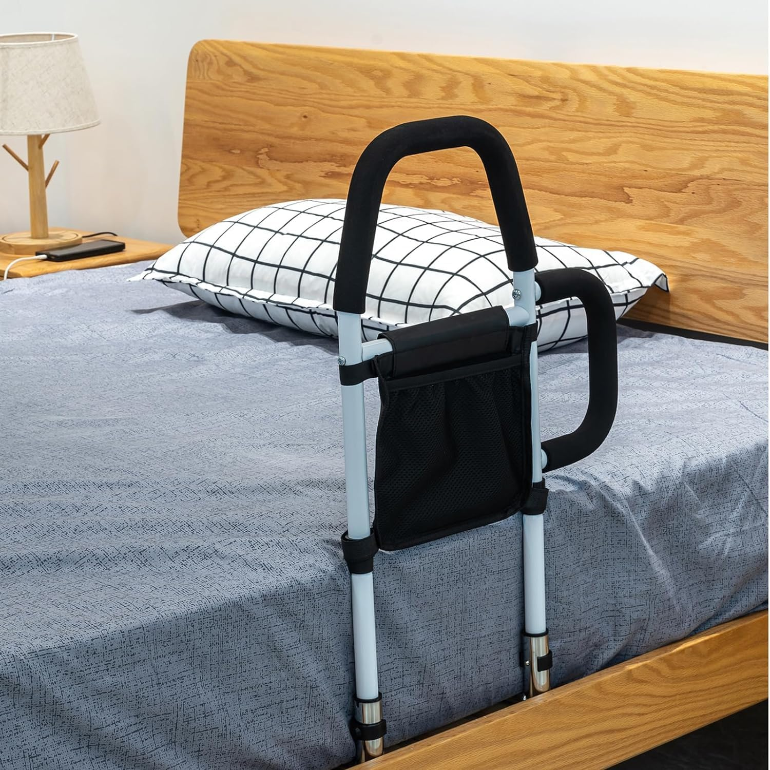 Bed Rails for Elderly Adults with Dual Grab Bars & Storage Pocket, Portable Adjustable Bed Assist Rail, Bed Rail Support up to 300Lbs, Fits King, Queen, Full Bed image number 3