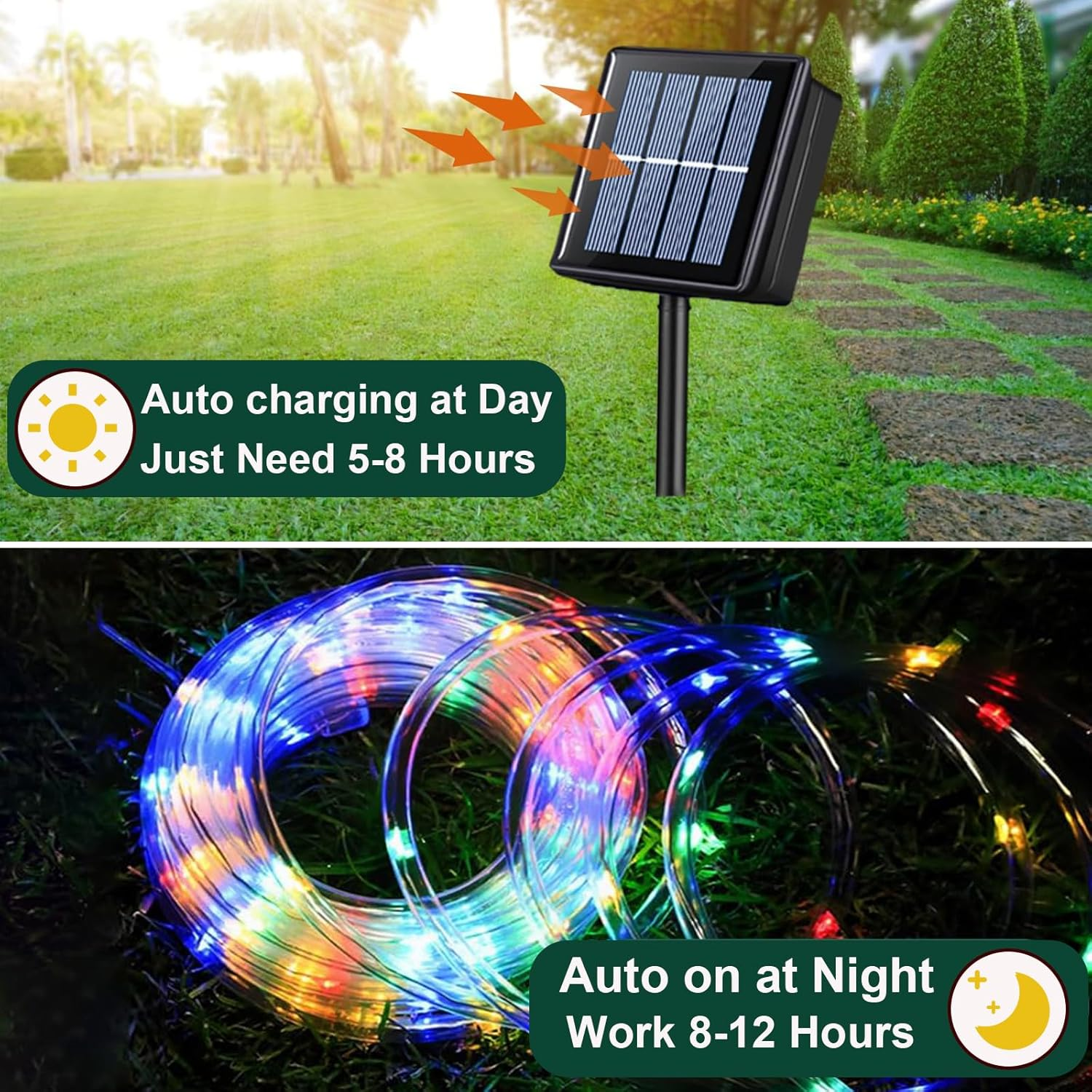 Solar Rope Lights, 12M100Led Solar String Lights IP65 Waterproof, Solar Outdoor Lights with 8 Modes Anti-Tangling for Camping Fence Garden Party Christmas Halloween Holiday Wedding (2 Packs Colorful) image number 1