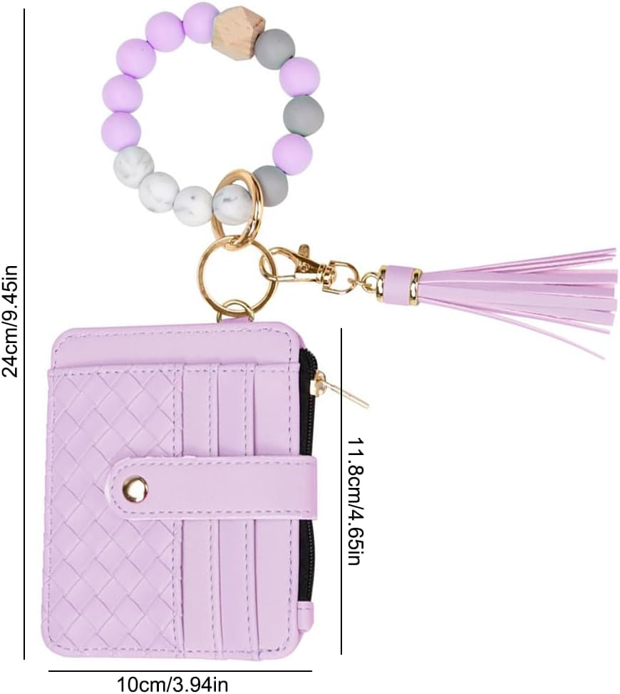 Wristlet Bracelet Keychain Credit Card Holder Purse,Rfid Blocking Zip Slim Wallet,Silicone Bead Tassel Key Ring for Women, Purple, One Size, Keychain Wallet with Bracelet image number 5
