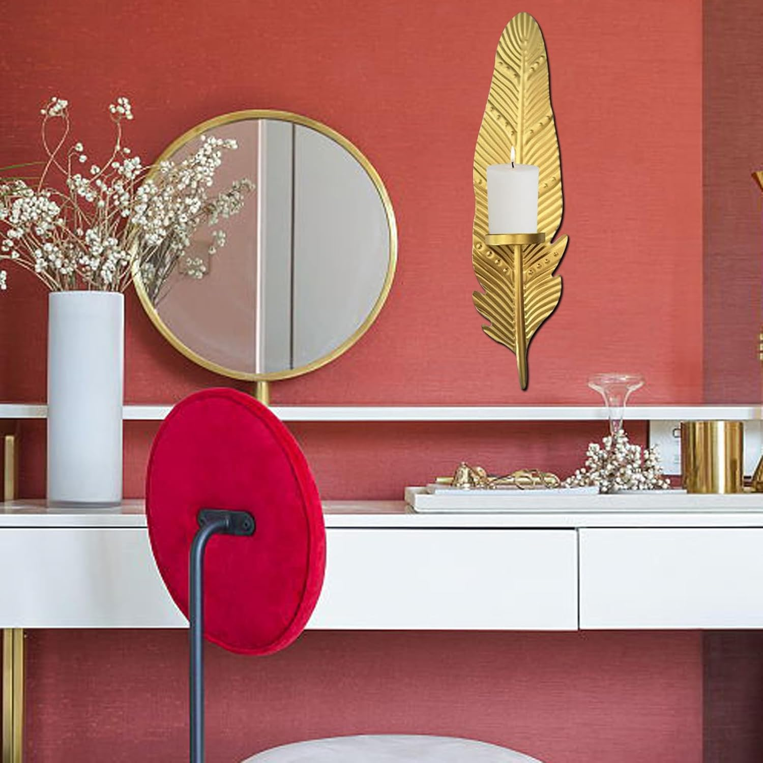 Golden Leaf Wall Sconces Candle Holders - Wrought Iron Tea Light Holder | Wrought Iron Wall Art Decorations, for Bathroom, Living Room, Dining Room, Patio, Weddings, Events (1Pcs)