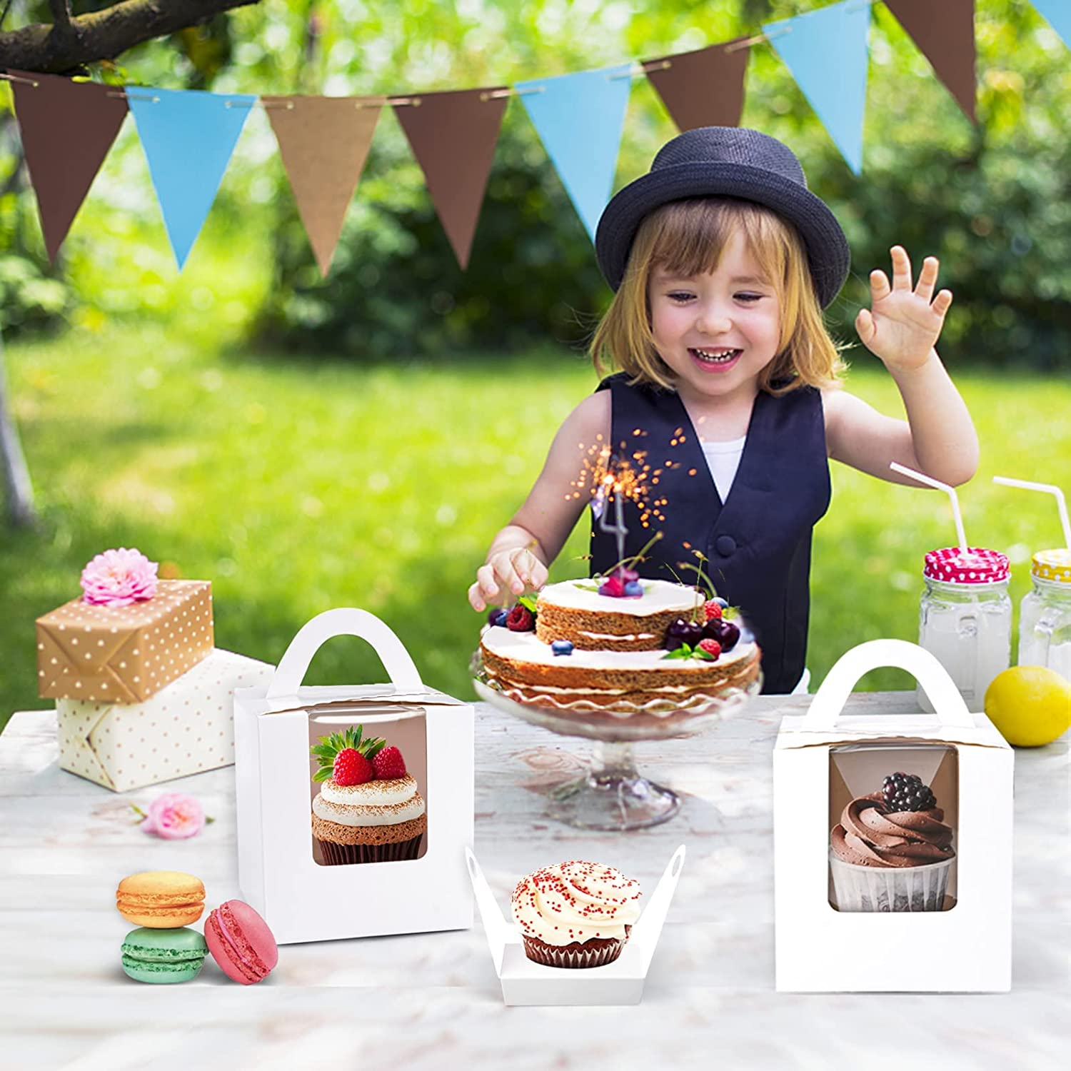 50 Pack Cupcake Boxes, White Individual Cupcake Containers Single Cupcake Boxes Cupcake Holder with Windows Handle and Inserts for Muffins Cocoa Bombs Packaging Baking Wrapping Birthdays Party image number 6