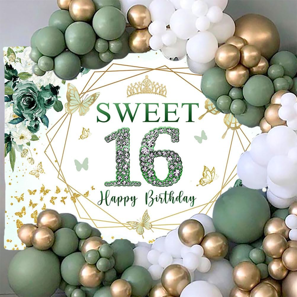 Inmemory Sweet 16 Birthday Backdrop Floral Green Roses Glitter Gold Butterfly Princess Girls Sixteen 16Th Birthday Theme Party Decoration Banner Bday Cake Table Background 7X5Ft image number 3