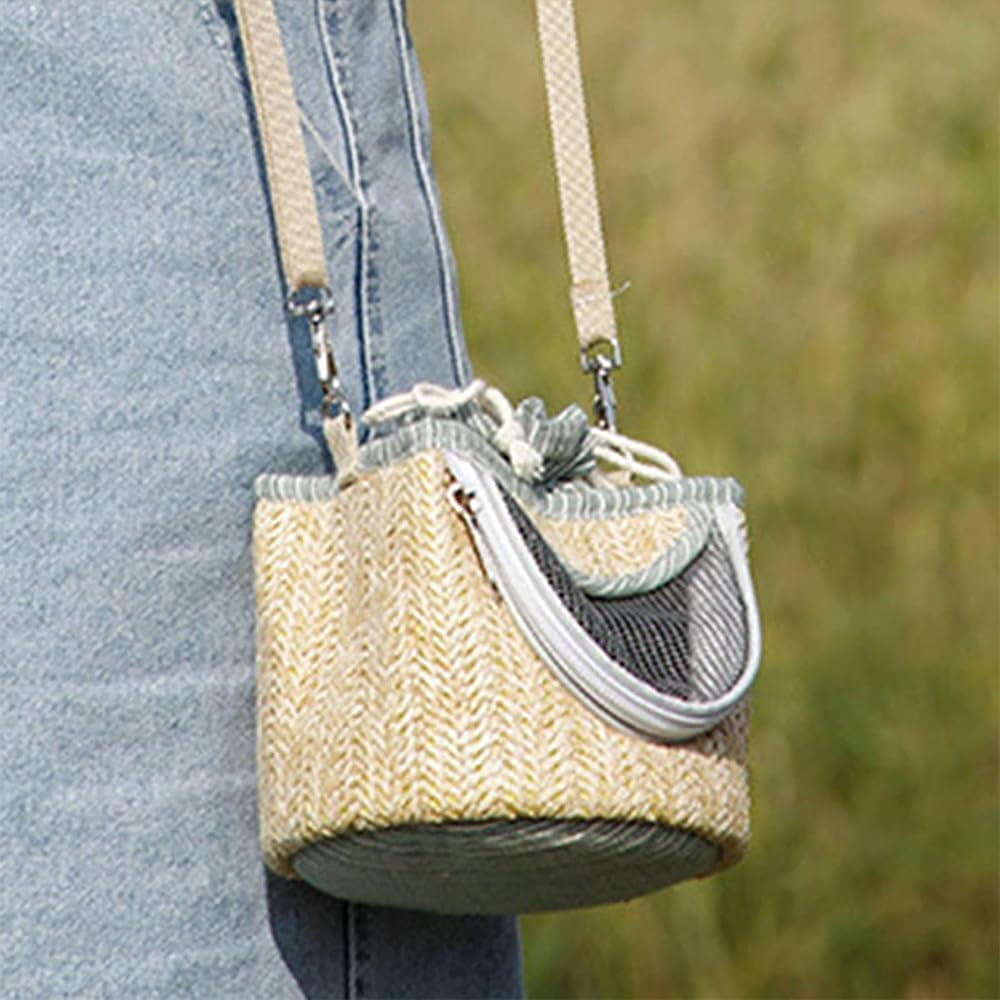 Small Animal Carrier Bag - Portable Breathable Straw Mesh Pet Carrier for Hamster, Guinea Pig, Bunny, Rat, Bird, or Small Pets - Lightweight Travel Outgoing Bag image number 4