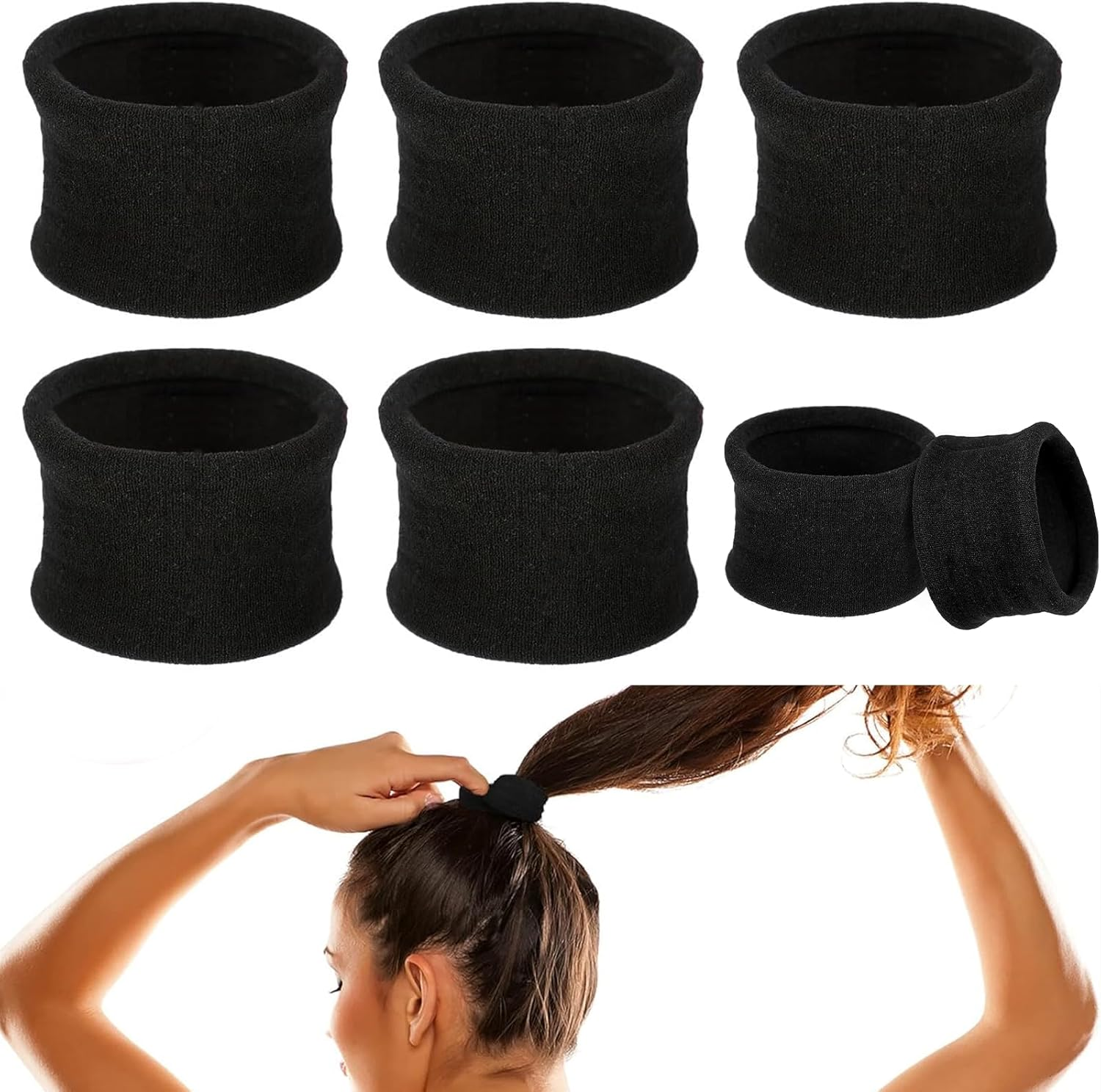 Pack of 25 Large Cotton Hair Bobbles Wide Elastic Hair Bands without Metal Non-Slip Seamless Ponytail Bands for Thick, Curly and Heavy Hair (Black) image number 4