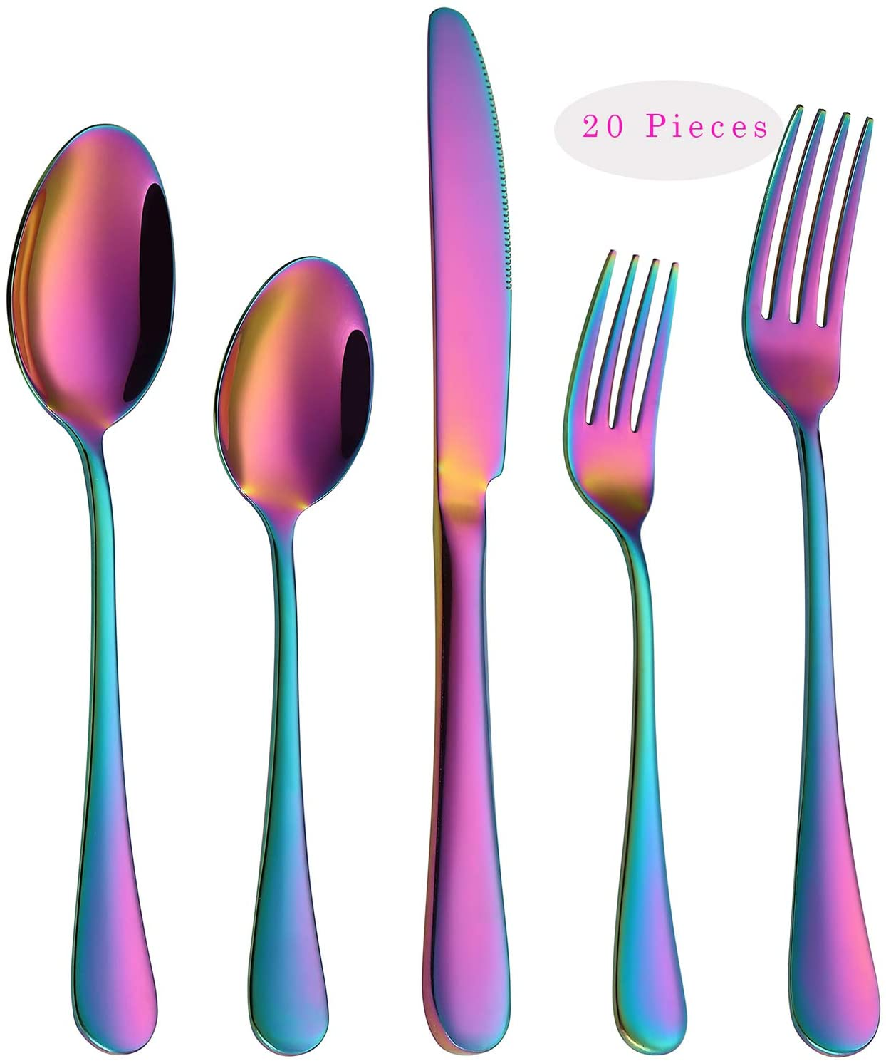 Rainbow Flatware Cutlery Silverware Set 20 Pieces, Stainless Steel Colorful Utensils, Tableware Set Service for 4, Include Knife/Fork/Spoon, Reusable, Mirror Polished, Dishwasher Safe