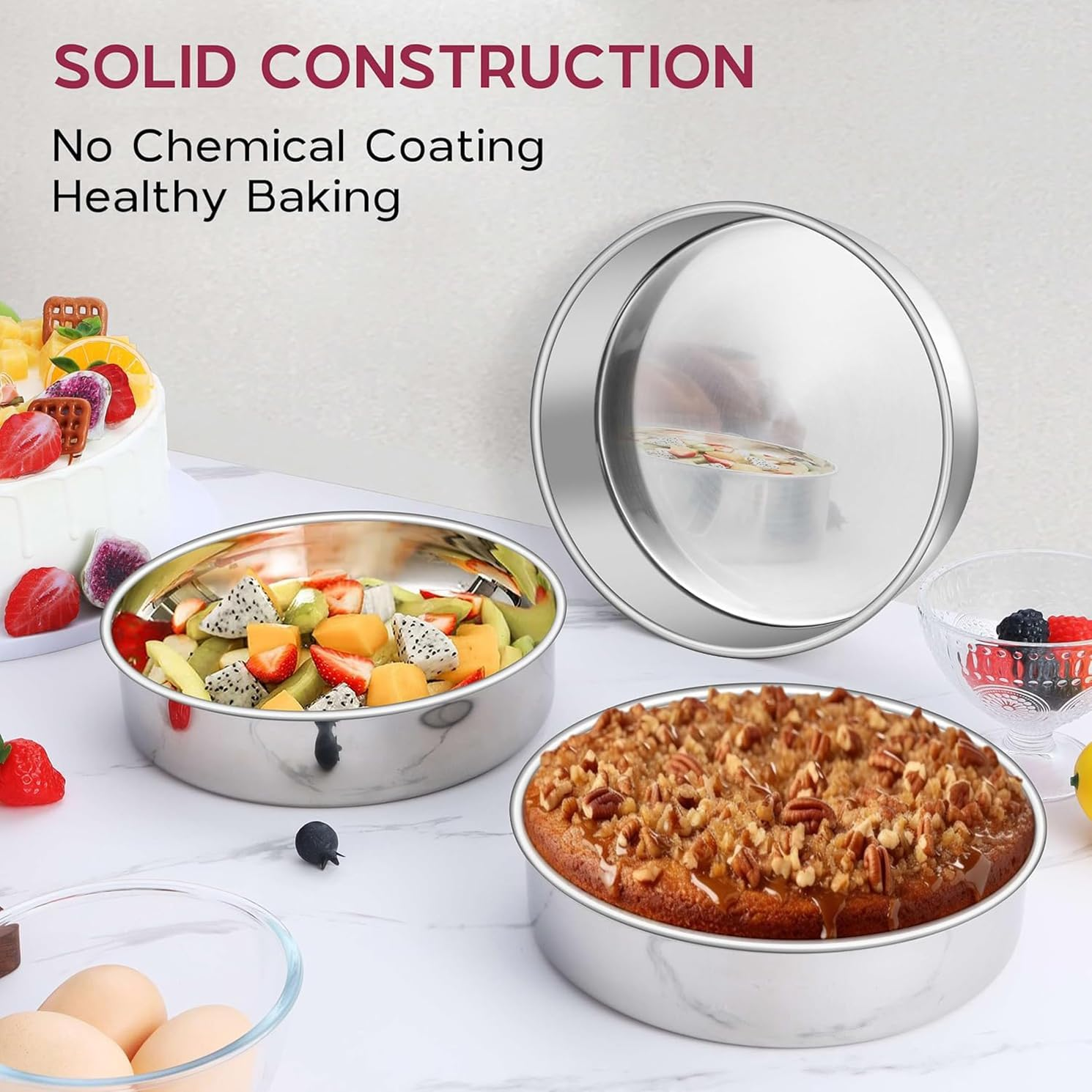 Cake Pan Set of 3, 20Cm X 5Cm Stainless Steel round Cake Tin Baking Pans, Healthy & Toxic Free, Leakproof & Easy Clean, Mirror Finish & Sturdy, Oven & Dishwasher Safe (20Cm- 3 Pack) image number 2