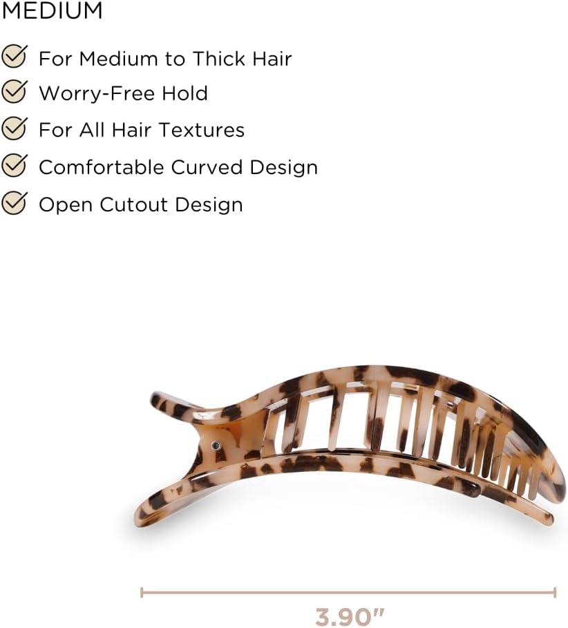 TELETIES - Medium Flat round Clip - Strong Grip, Bendable Teeth, Comfortable Curved Design - Ideal for Medium-Thick Hair - for All Hair Textures - Blonde Tortoise image number 3