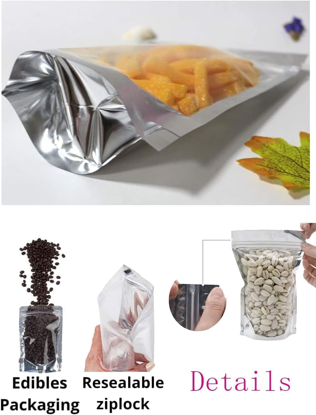 100PCS Reusable Foil Bags for Food Storage, Stand up Resealable Smell Proof Ziplock Bags, Aluminum Foil Packaging Pouches Bag for Cookies, Nuts, Tea, Candy (10X15CM,100PCS) image number 2