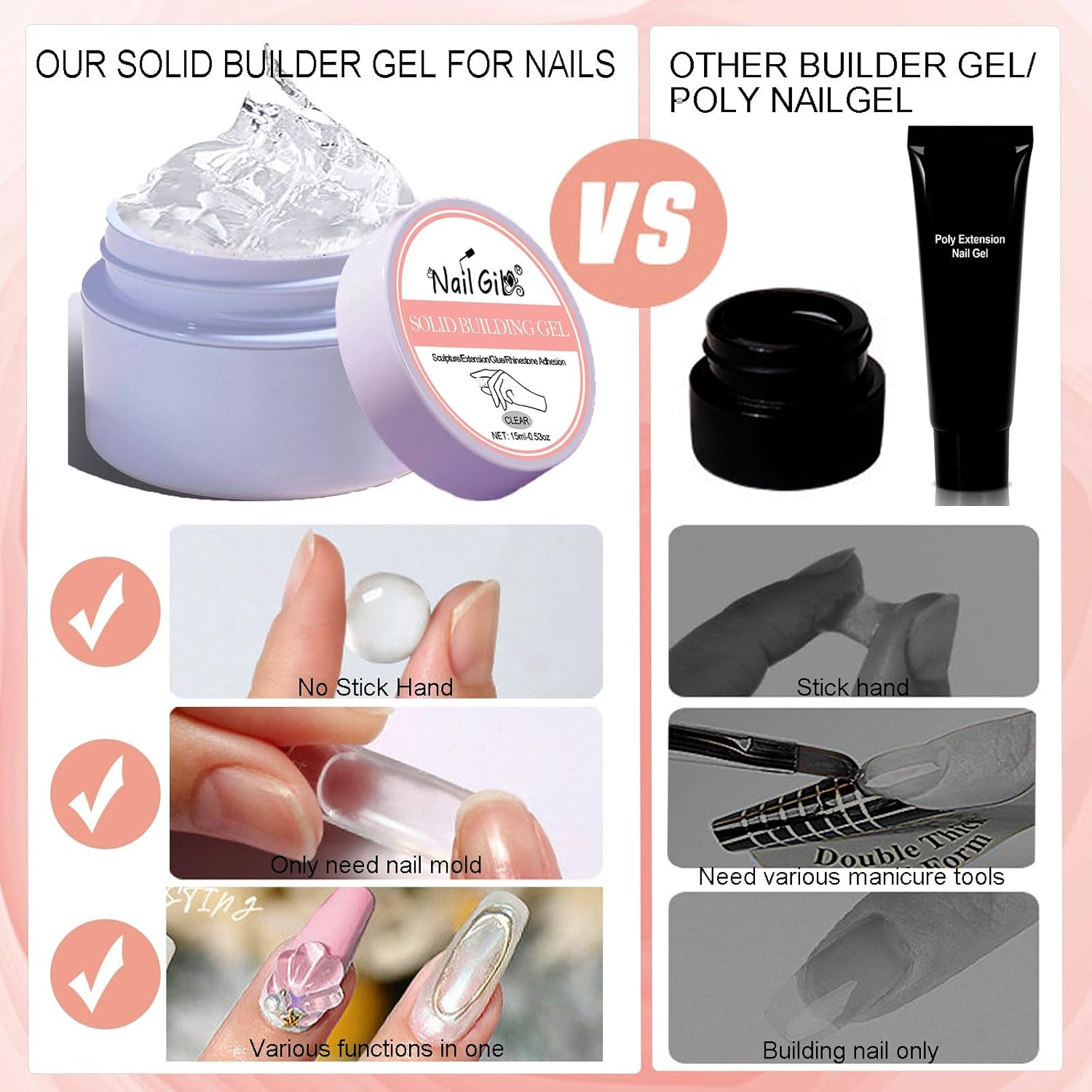 NAIL GIL Solid Builder Gel for Nails, 3D Gel Nail Art Sculpture Non-Sticky Hand Clear Extension Gel Sock off UV LED with 3D Silicone Mold Salon DIY at Home-15G/0.53Oz image number 5