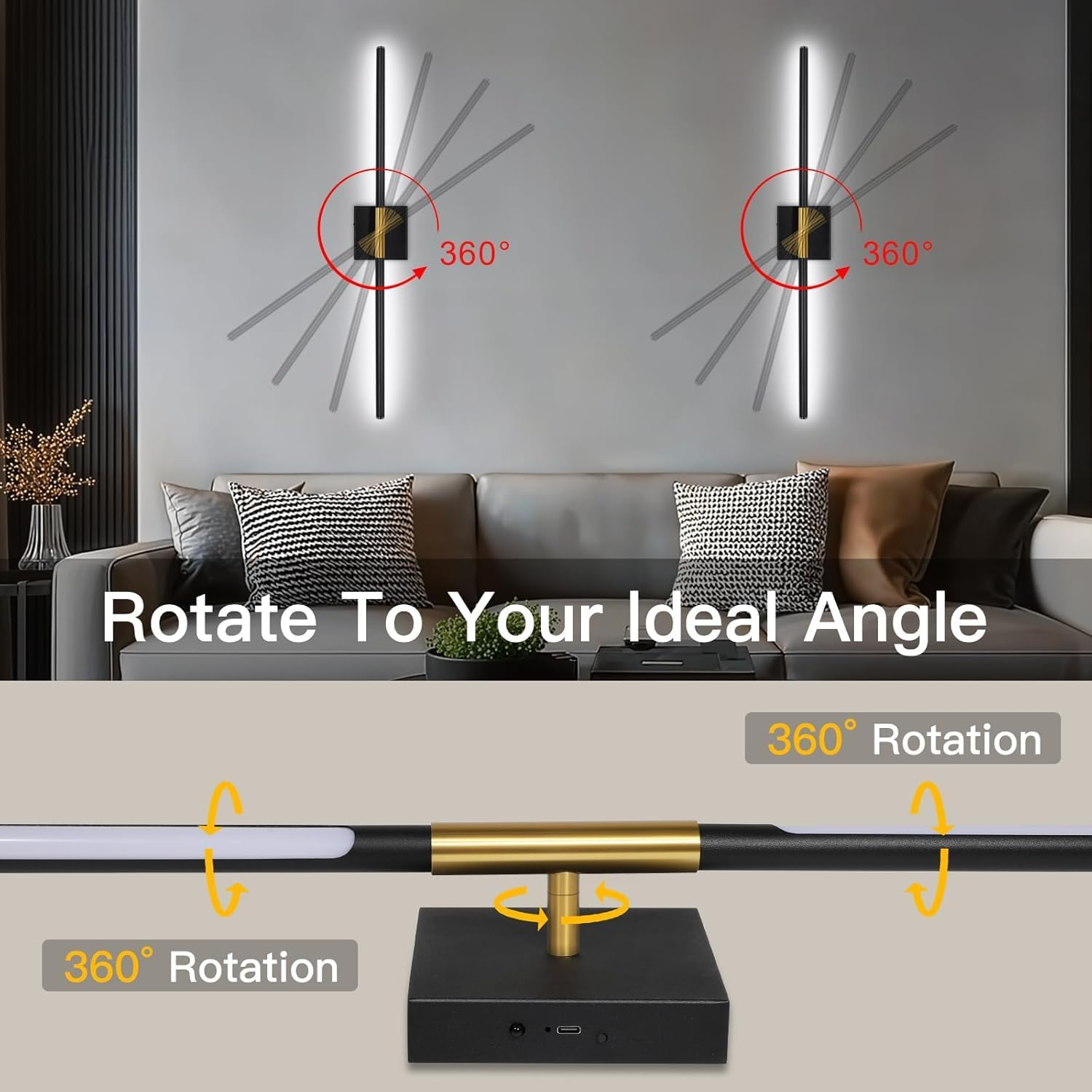 2 Pack Battery Operated Wall Sconces, Wireless 360&deg;Rotate Wall Sconces with Remote Control Dimmable Timing, LED 3 Color Rechargeable Wall Lights for Living Room, Hallway, Bedroom (Black A) image number 1