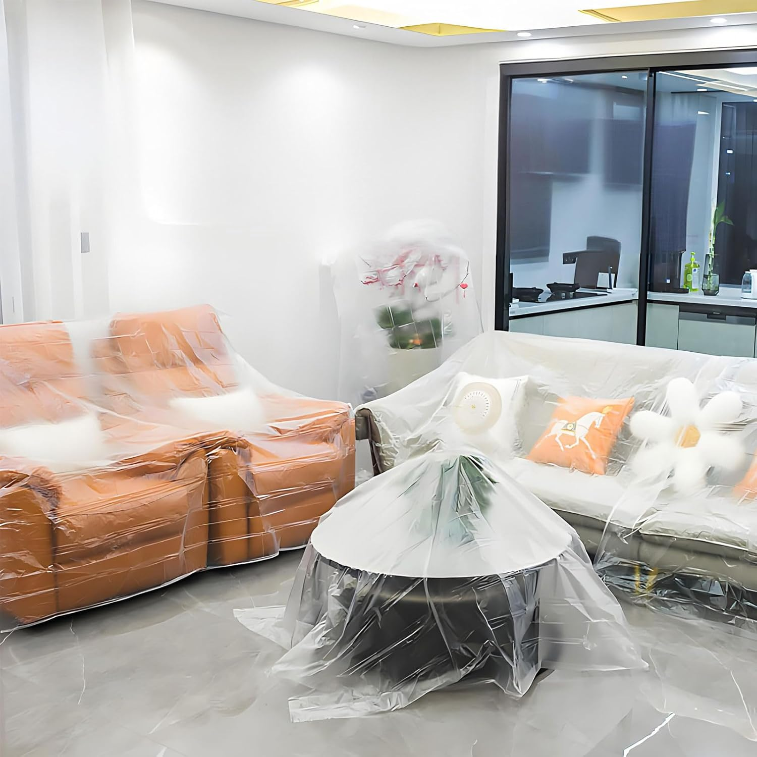 RUIFEN Disposable Furniture Dust Cover, 8.5Ft X 8.5Ft Plastic Film, 20 Sheets per Pack, for Home Decor, Sofa Bed Mattress Protector, Waterproof Transparent Dust Cover image number 6