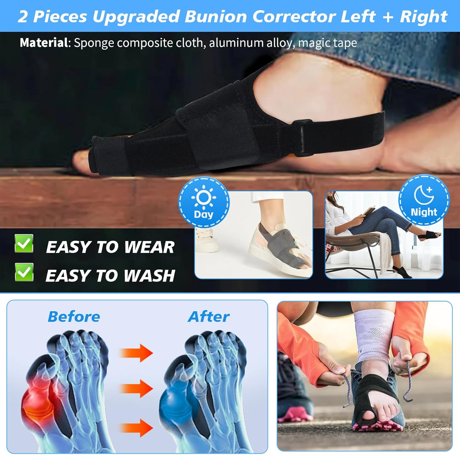 2 Pieces Upgraded Bunion Corrector Left + Right, Bunion Splint & Big Toe Straightener for Unisex, Brace Splint Pads Premium Orthopedic Big Toe Straightener for Valgus Hallux Pain Relief image number 6