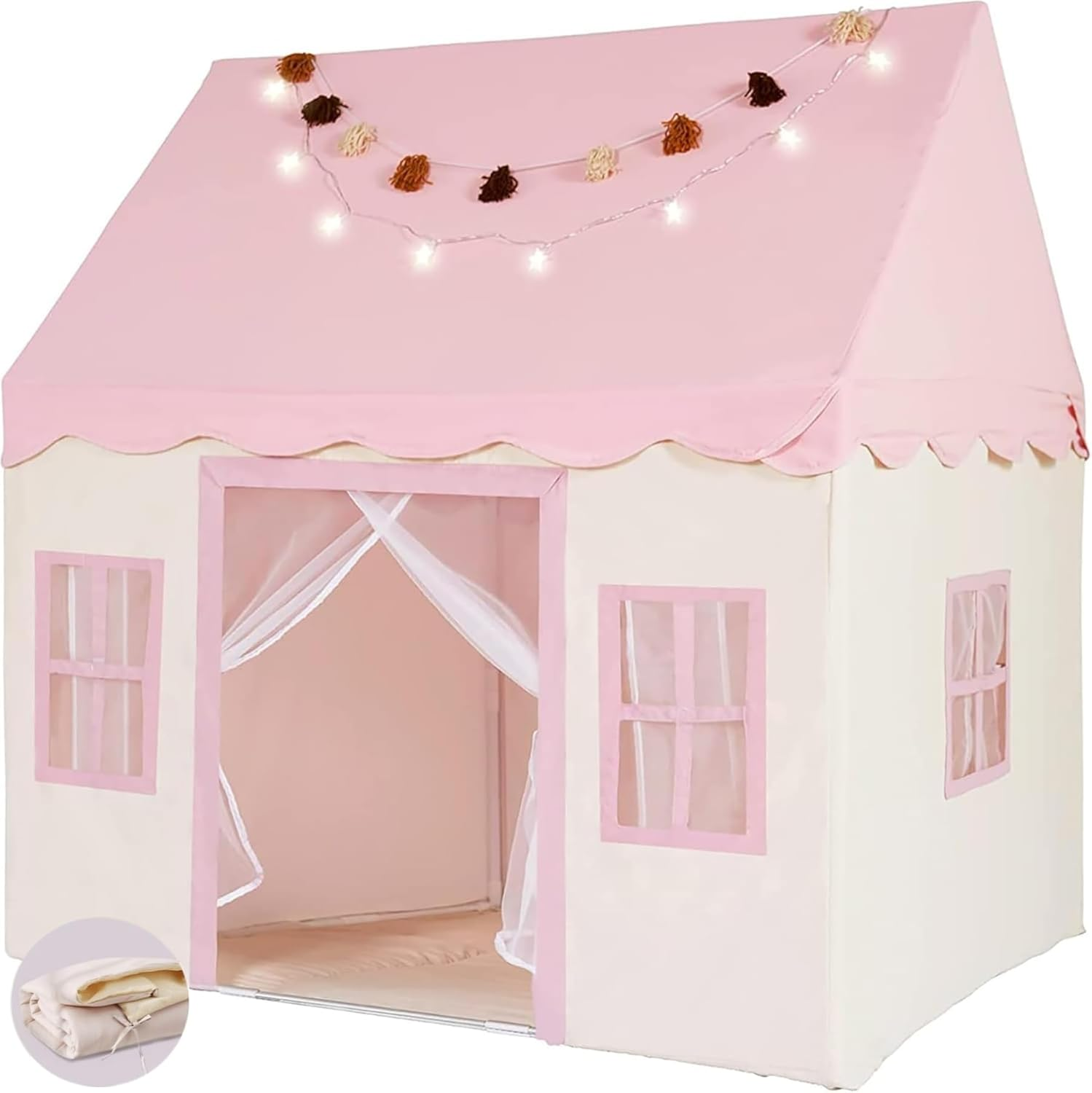 Large Kids Play Tent with Mat, Play Tent Indoor with Star Lights, Flag and Windows, Playhouse for Boys and Girls Aged 3, Kid Tent with Mat Washable (Pink)