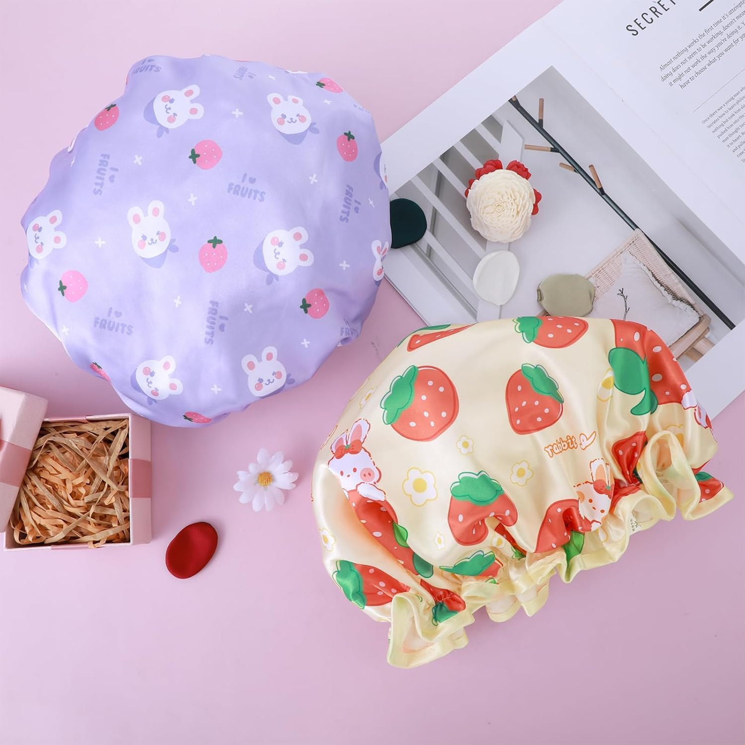 Kids Shower Cap & Shower Cap for Kids 2-Pack, Waterproof Double Layer Rabbit Design with Elastic Band, Reusable Bath Cap for Children - 2 Pieces (Purple + Yellow) image number 1