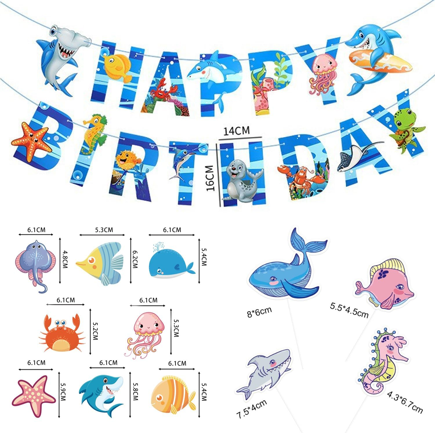 Ocean Theme Happy Birthday Decorations,Underwater World Banner 15 PCS Galaxy Party Sign, Birthday Party Decorations，Ocean Theme Decorations, Underwater World Party Supplies. image number 4