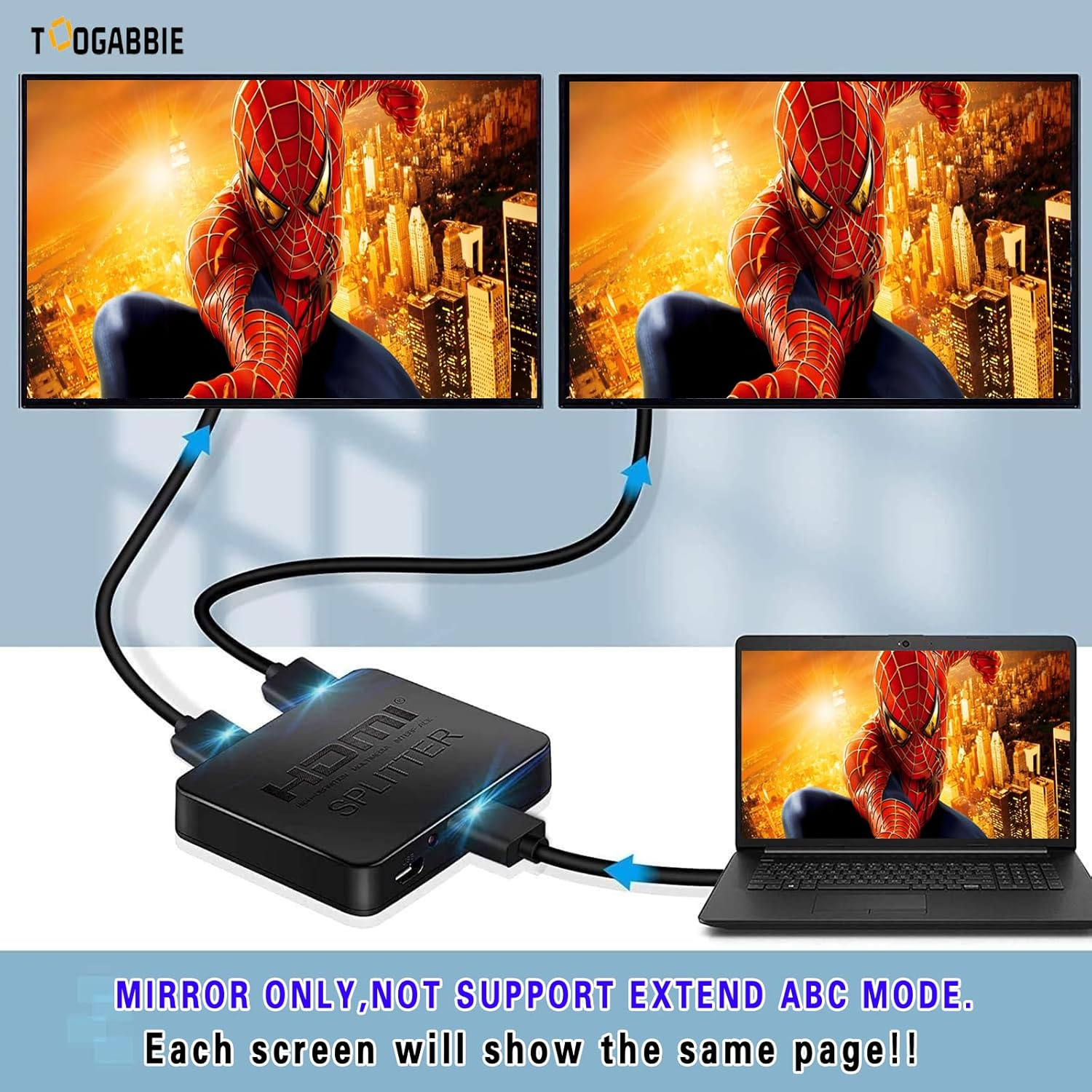 TOOGABBIE 4K HDMI Splitter 1 in 2 Out【With 1.2M HDMI Cable 】 for Dual Monitors Mirror Only, 1X2 HDMI Splitter 1 to 2 Amplifier for Full HD 1080P 3D image number 3
