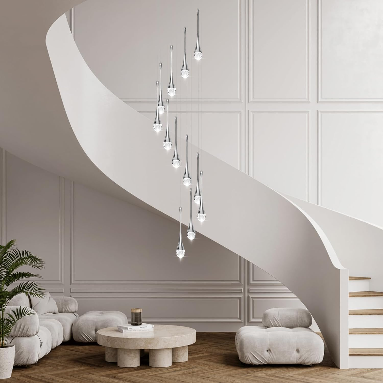 USOR 12-Light High Ceiling Chandeliers LED Modern Gold Crystal Raindrop Chandelier for Staircase Entryway 3 Colors Dimmable Spiral Large Pendant Light Luxury Chandelier for Living Room Lobby Remote