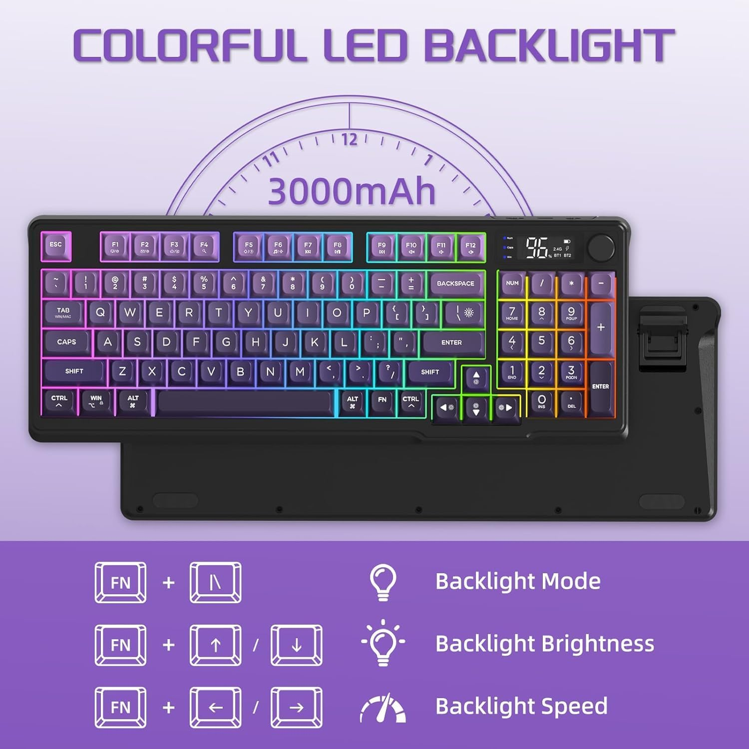 FREEWOLF M96 Wireless Gaming Keyboard Creamy Membrane with Rainbow Backlight,Media Knob,Lcd Screen,Dual Mode-Bluetooth/2.4Ghz,Ball Shape PBT Keycap 94 Key ANSI Layout for Win Mac PC Gamer(Purple) image number 5