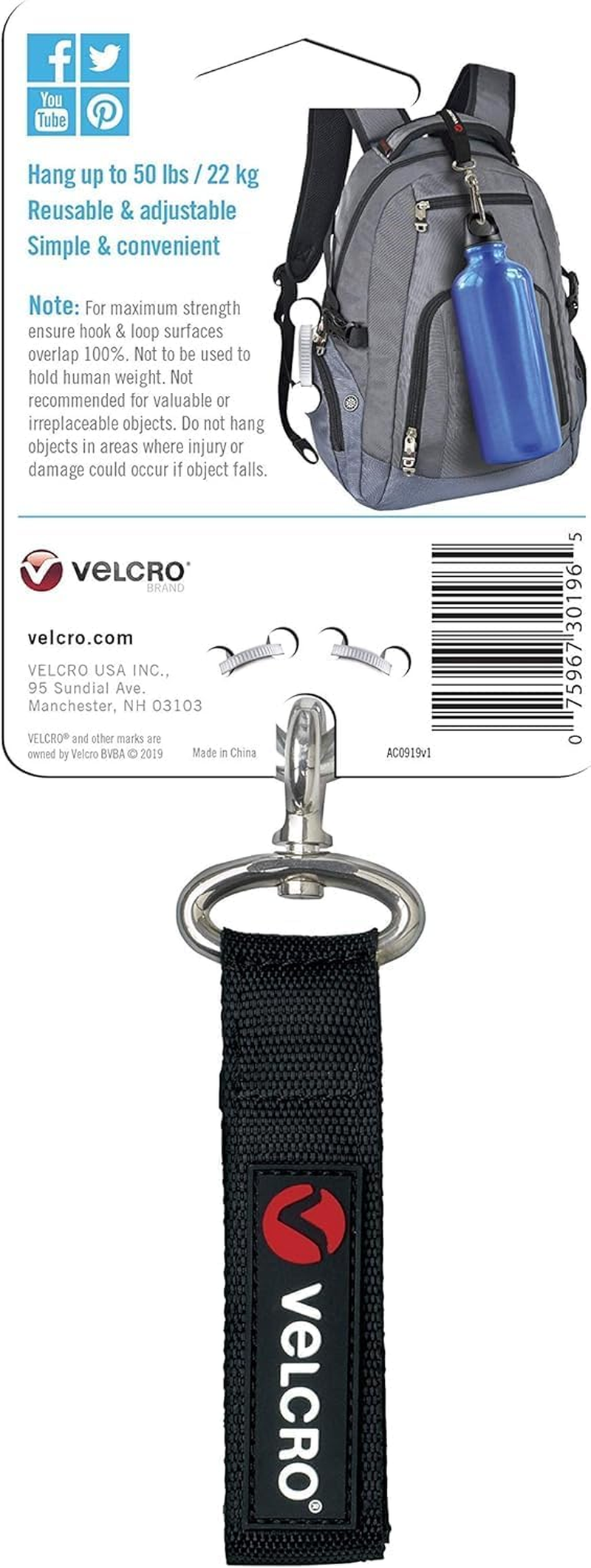 VELCRO Brand VEL-30196-USA Easy Hang Strap with Carabiner Clip Attach Water Bottles and Accessories to Bikes, Bags and More. Organization for Garden, Shed, RV. Extra Small-1Pk, Black
