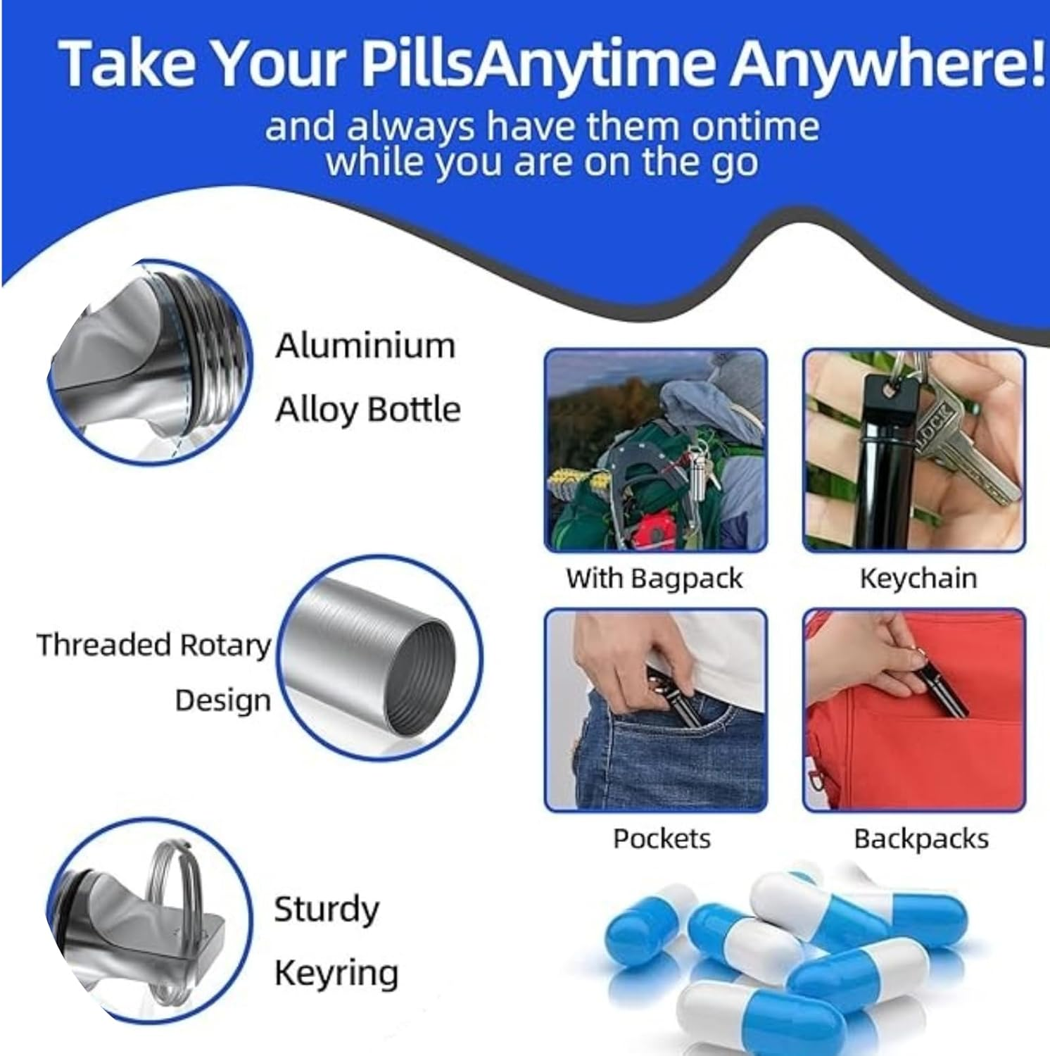 Portable Aluminium Pill Holder Keychain, Mini Medicine Container, 2-Pack Black & Silver, for Purse, Waterproof Metal Pill Holder Medicine Bottle, Outdoor Camping Travel image number 3