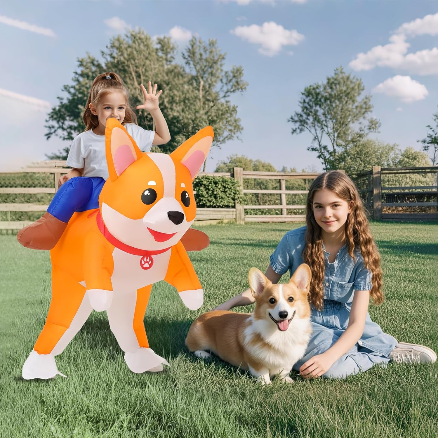 Inflatable Dog Costume for Adult Kids Halloween Blow up Ride on Corgi Costumes Animal Suit Women Girls Cosplay Fancy Party image number 2
